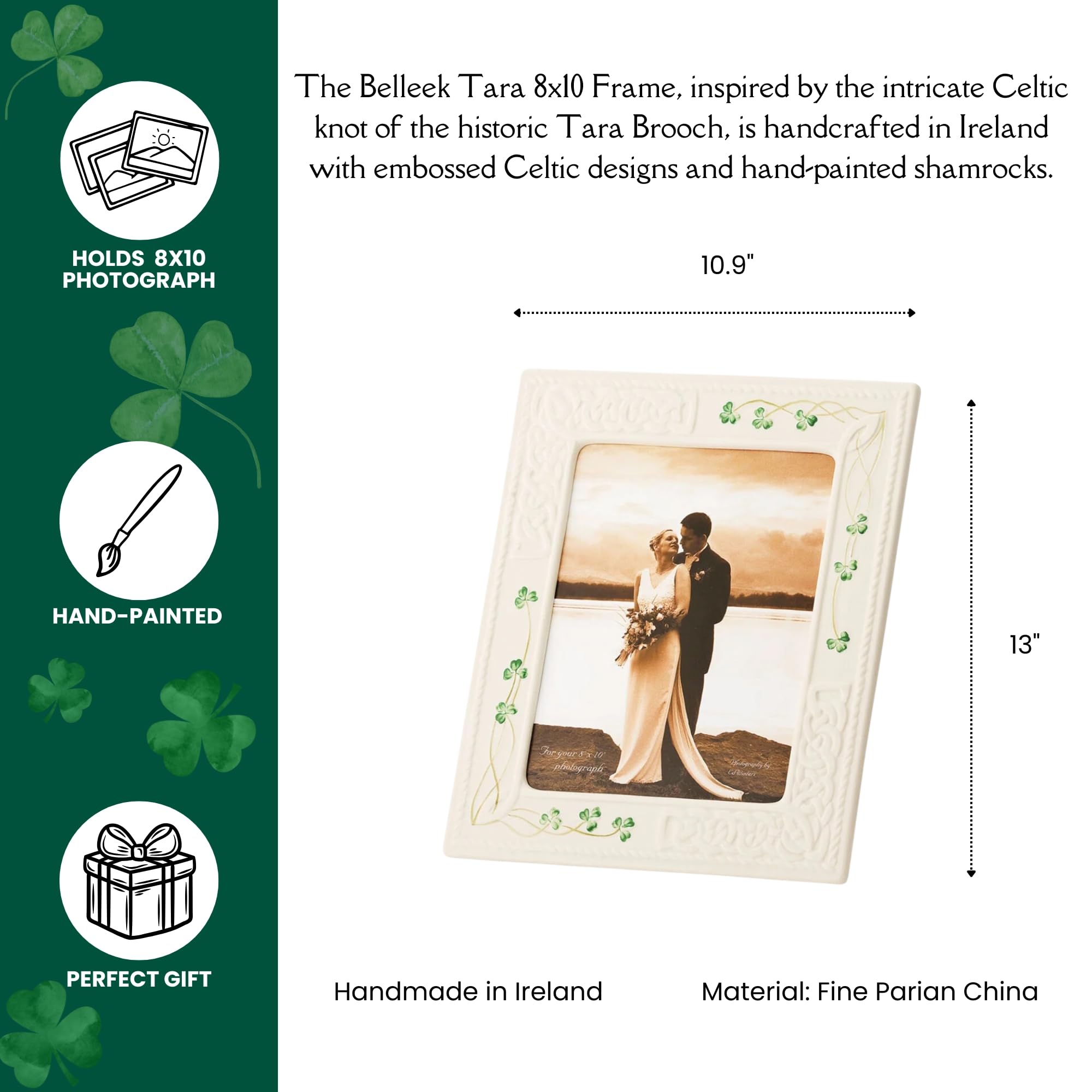 Belleek Tara 8x10 Wedding Picture Frame - Handcrafted Fine Parian China White Photo Frame with Shamrock Design - Perfect for Irish Home Decor, Wedding Gifts & Anniversary Presents