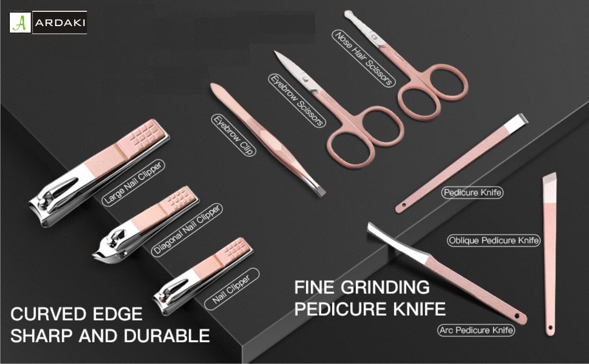 ARDAKI 10-in-1 Professional Manicure Pedicure Kit - Stainless Steel Nail Clippers, Scissors, Grooming Tools, Blackhead Remover & Acne Needle Set for Home & Travel Nail Care