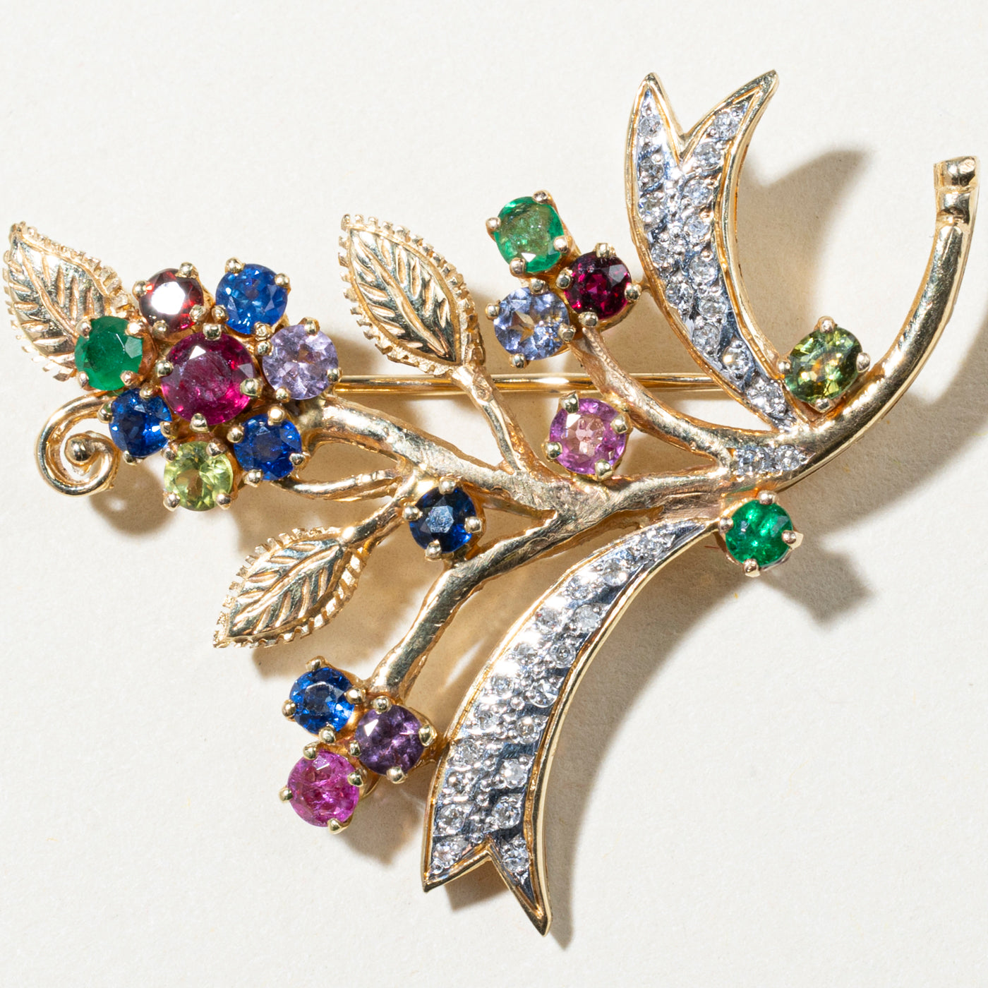 Vintage Floral Brooch with Colored Gemstones & Diamonds | 2.22ctw Gemstones & 0.25ctw Diamonds | Elegant Jewelry for Weddings, Parties & Special Occasions