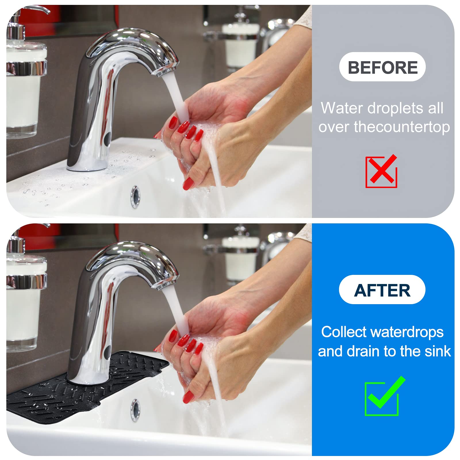 2 Pack Silicone Kitchen Sink Splash Guard - Non-Slip Faucet Splash Catcher & Draining Pad for Kitchen, Bathroom, Bar, RV - Perfect for Washing Dishes, Food Prep & Handwashing to Keep Countertops Dry