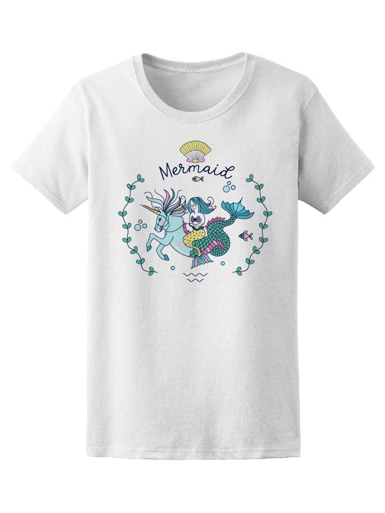 Mermaid Riding a Sea Unicorn T-Shirt for Women - White Cotton Graphic Tee | Casual Summer Outfit, Beach Vacation, Festival Wear