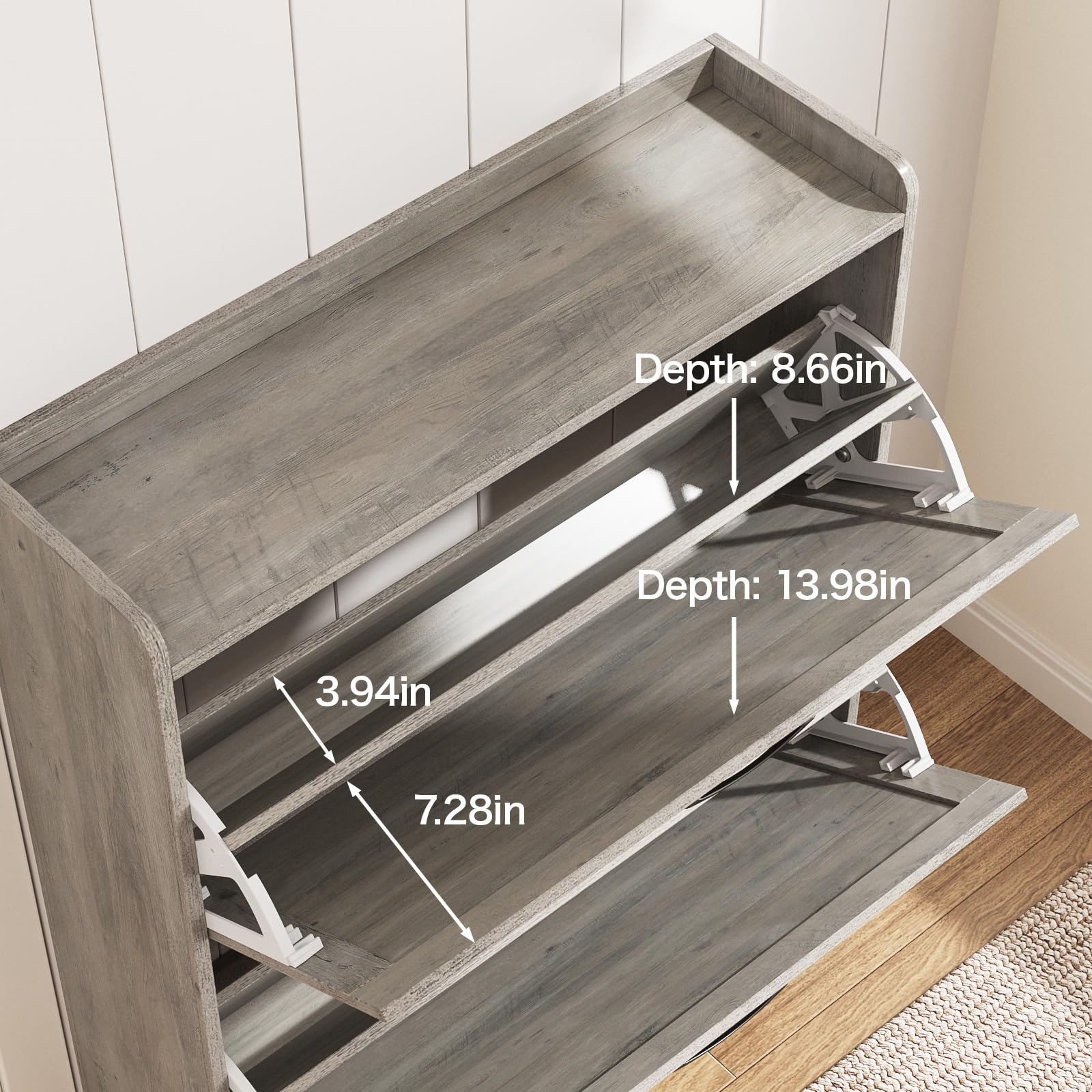Maupvit 2-Tier Flip-Drawer Shoe Storage Cabinet with Metal Legs - Freestanding Entryway Shoe Organizer, Narrow Shoe Rack for Hallway & Closet (Washed Gray) - Perfect for Small Spaces & Apartment Living