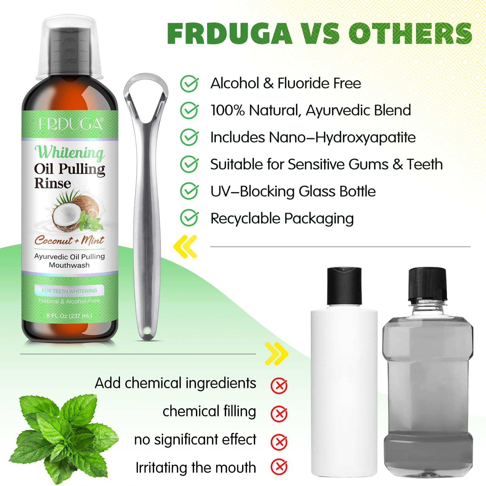 Organic Coconut Oil Pulling for Teeth & Gums - 237ml Natural Mint Coconut Oil Mouthwash with Essential Oils & Vitamins | Whitening, Freshen Breath, Improve Oral Hygiene | Perfect for Morning Routine & Ayurvedic Oral Care