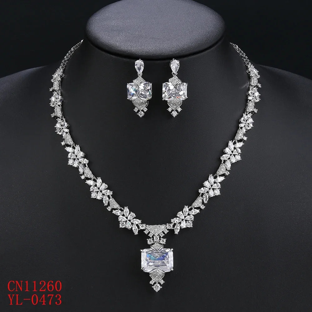 Elegant CZ Cubic Zirconia Pendant Necklace & Earrings Set for Women - Bridal Wedding Jewelry Gift - Perfect for Anniversary, Engagement & Special Occasions