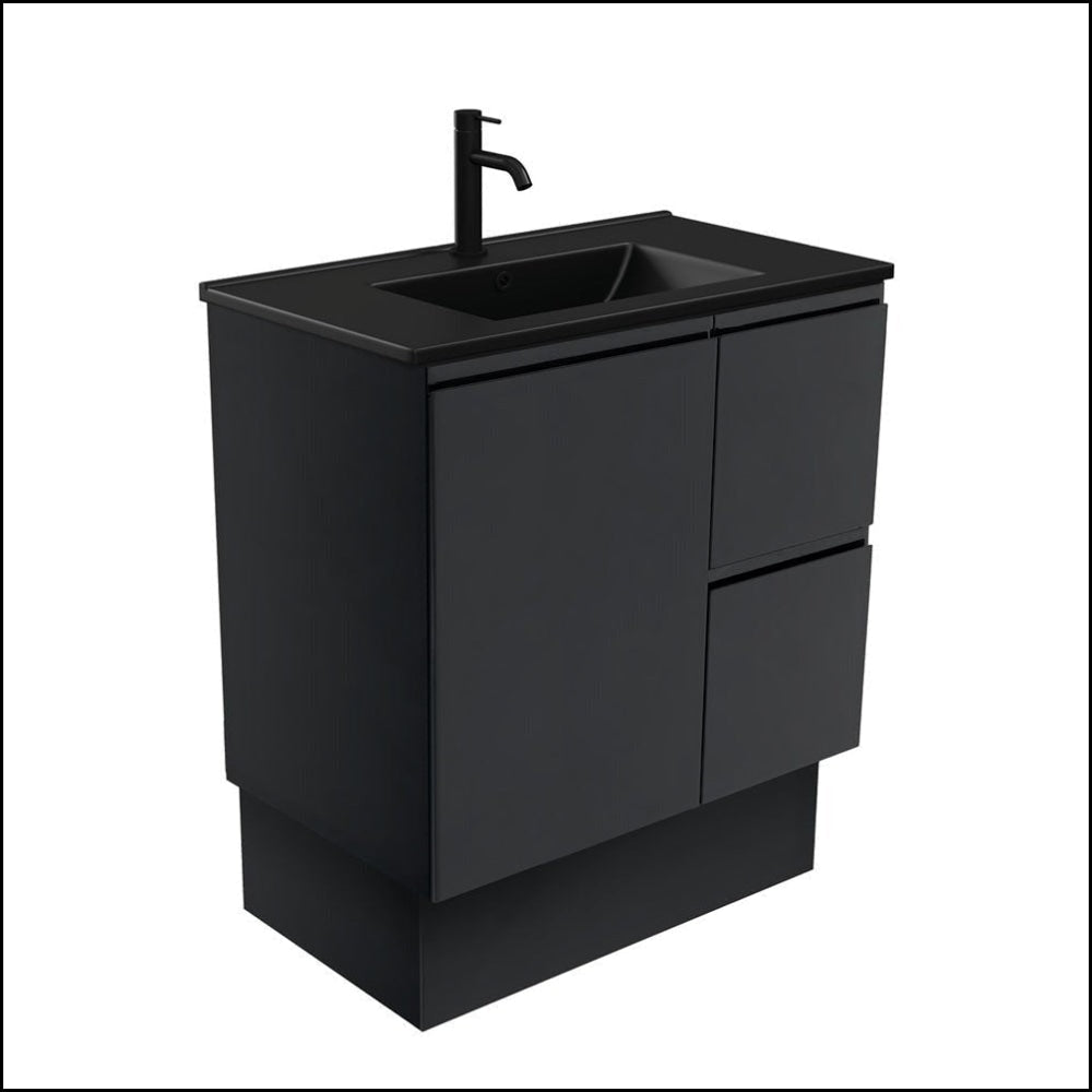Fienza 750mm TCLB75ZBKR Dolce Matte Black Satin Vanity with Kickboard & Right Drawers - Modern Bathroom Sink Cabinet for Small Spaces, Apartment & Master Bath Makeover