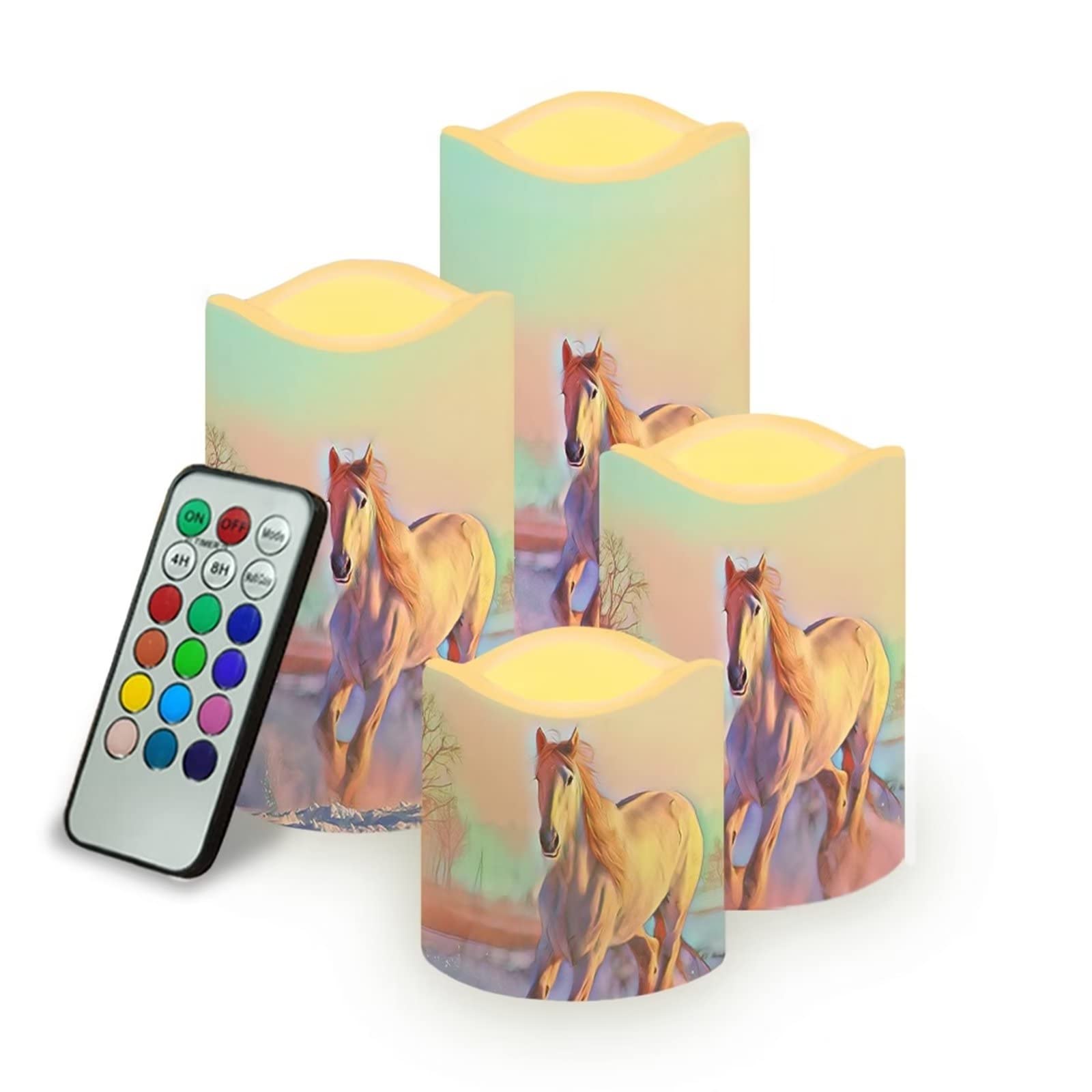 Suobstales Rainbow Horse Flameless LED Candles - Set of 4 Battery Operated Pillar Candles with 18-Key Remote Control, Realistic Flickering Wave Effect - Perfect for Home Decor, Wedding Centerpieces, Romantic Dinners & Holiday Ambiance