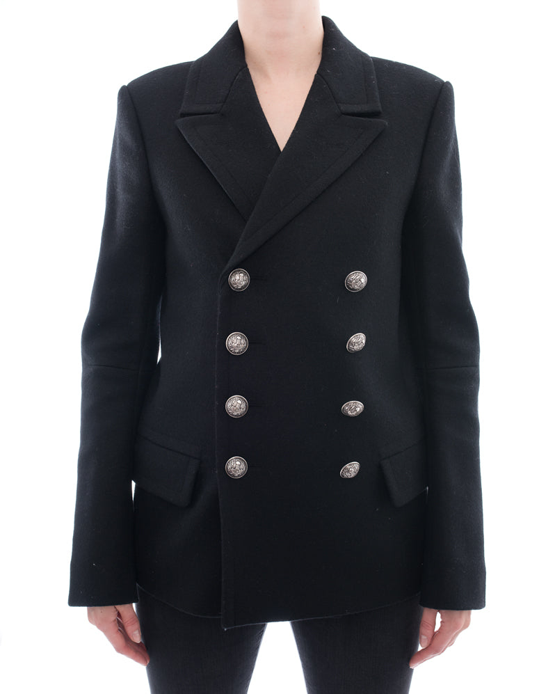 Balmain Black Wool Pea Coat with Silver Buttons - Slim Fit Winter Coat for Women | Elegant Outerwear for Office, Party & Formal Events