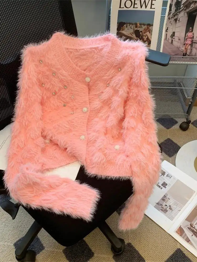 Elegant Women's Pink V-Neck Mohair Knit Cardigan Sweater - French White Diamond Design, Long Sleeve Single Breasted Top for Autumn Winter | Perfect for Office Wear, Date Nights & Cozy Evenings