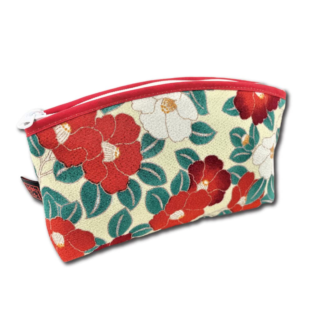Edo Komon Design Small Makeup Bag for Purse - Japanese Traditional Cosmetic Pouch with Camellia Flower Pattern (Ivory) | Perfect for Travel, Daily Use & Gift Giving