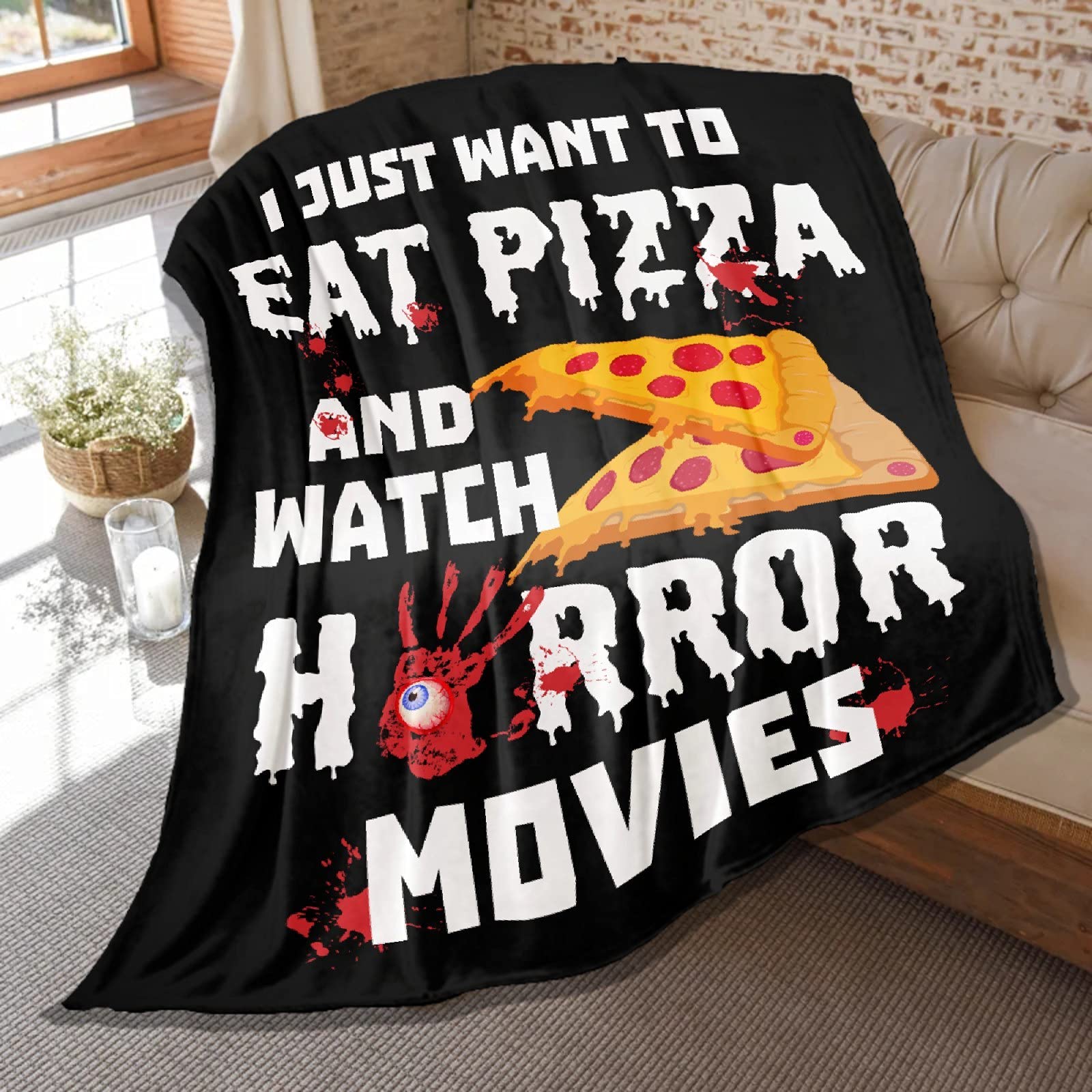 Soft Flannel Plush Throw Blanket for Pizza & Horror Movie Lovers - Lightweight Air Conditioner Quilt for Women & Men - Extra Large 120x90 Inches - Perfect for Couch, Bed, Sofa, Movie Nights & Family Snuggles