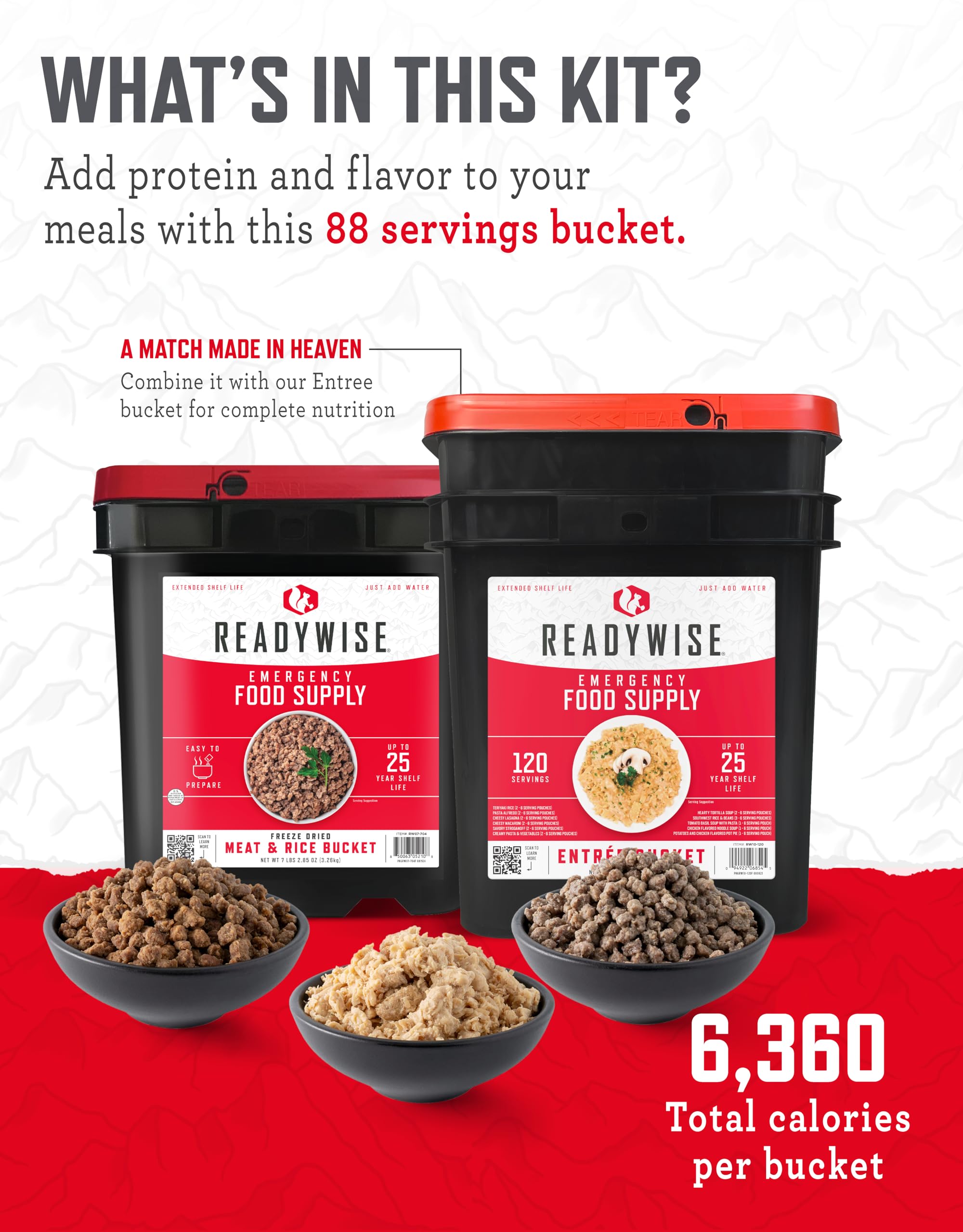 READYWISE Emergency Food Supply Bucket - Freeze-Dried Chicken, Beef, Pork & Rice Survival Meals | 25-Year Shelf Life | 48 Meat & 40 Rice Servings | Camping, Hiking & Emergency Preparedness Essentials | Perfect for Outdoor Adventures, Natural Disasters & Long-Term Food Storage