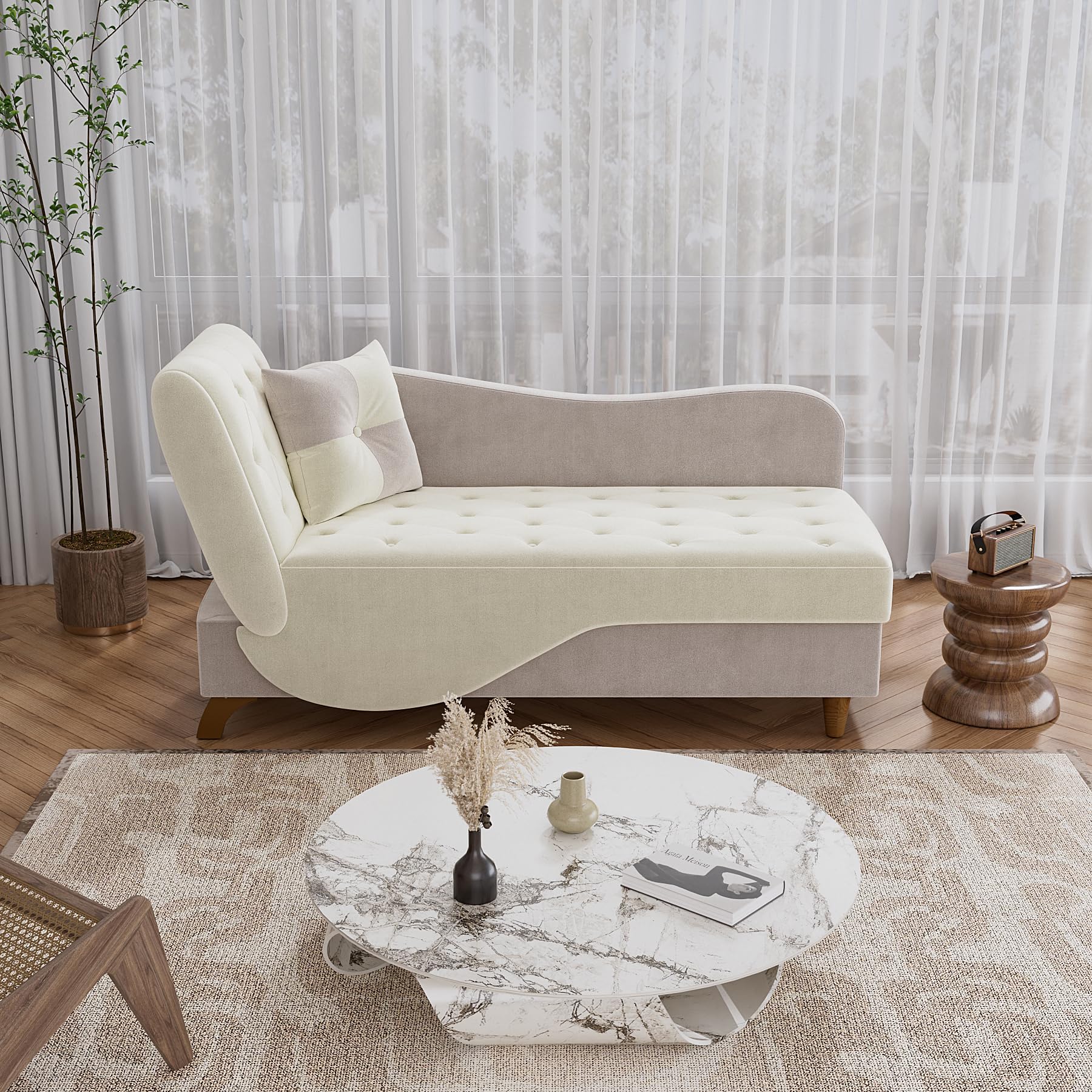 OUYESSIR Velvet Adjustable Recliner Chaise Lounge Chair with Storage & Pillow - Button Tufted Upholstered Sofa for Living Room, Bedroom, Office - Beige Gray - Perfect for Relaxing, Reading & Small Space Living