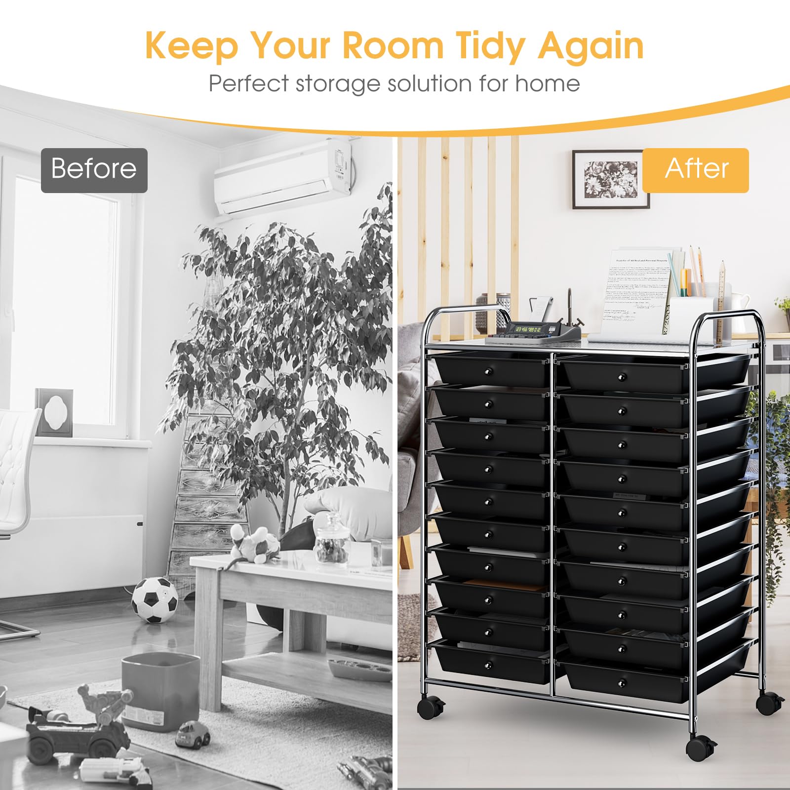 20-Drawer Rolling Storage Cart with Wheels - Multipurpose Organizer for Makeup, Tools, Paper & Crafts - Perfect for Office, Home, Classroom & School Use - Black (Great for Teachers, Artists & DIY Enthusiasts)