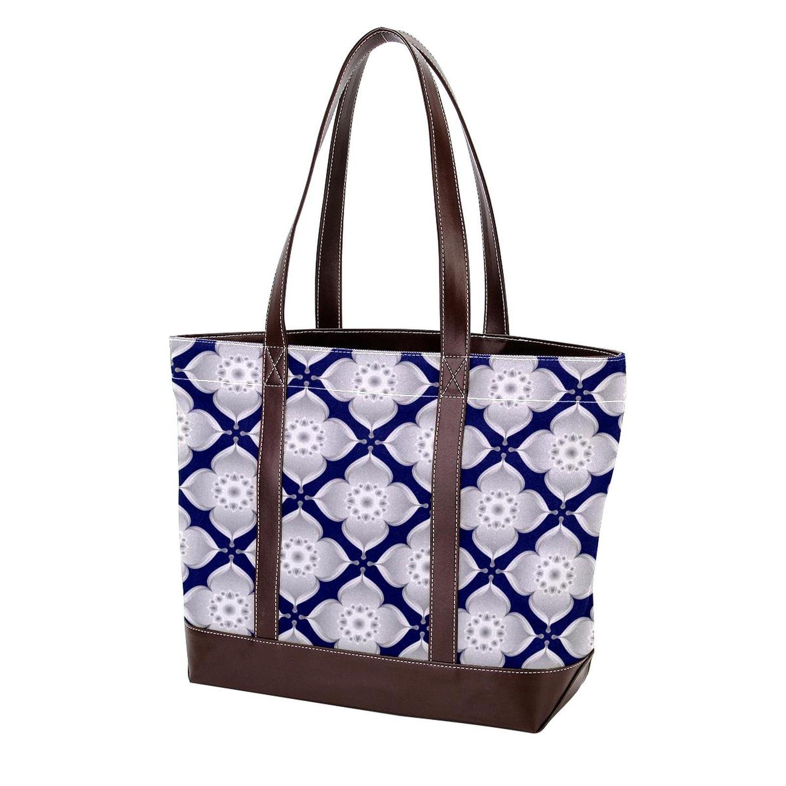 Stylish Thai Floral Tote Bag for Women - Large Leather & Canvas Shoulder Bag with Top Handle, Perfect for Work, Travel & Shopping (Hobo Satchel Purse)