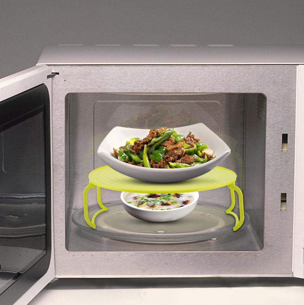 Foldable Microwave Plate Rack - Multifunctional Plastic Microwave Oven Shelf for Heating, Layered Steaming & Cooking - Green Kitchen Organizer | Perfect for Reheating Meals, Steaming Vegetables & Space-Saving Storage