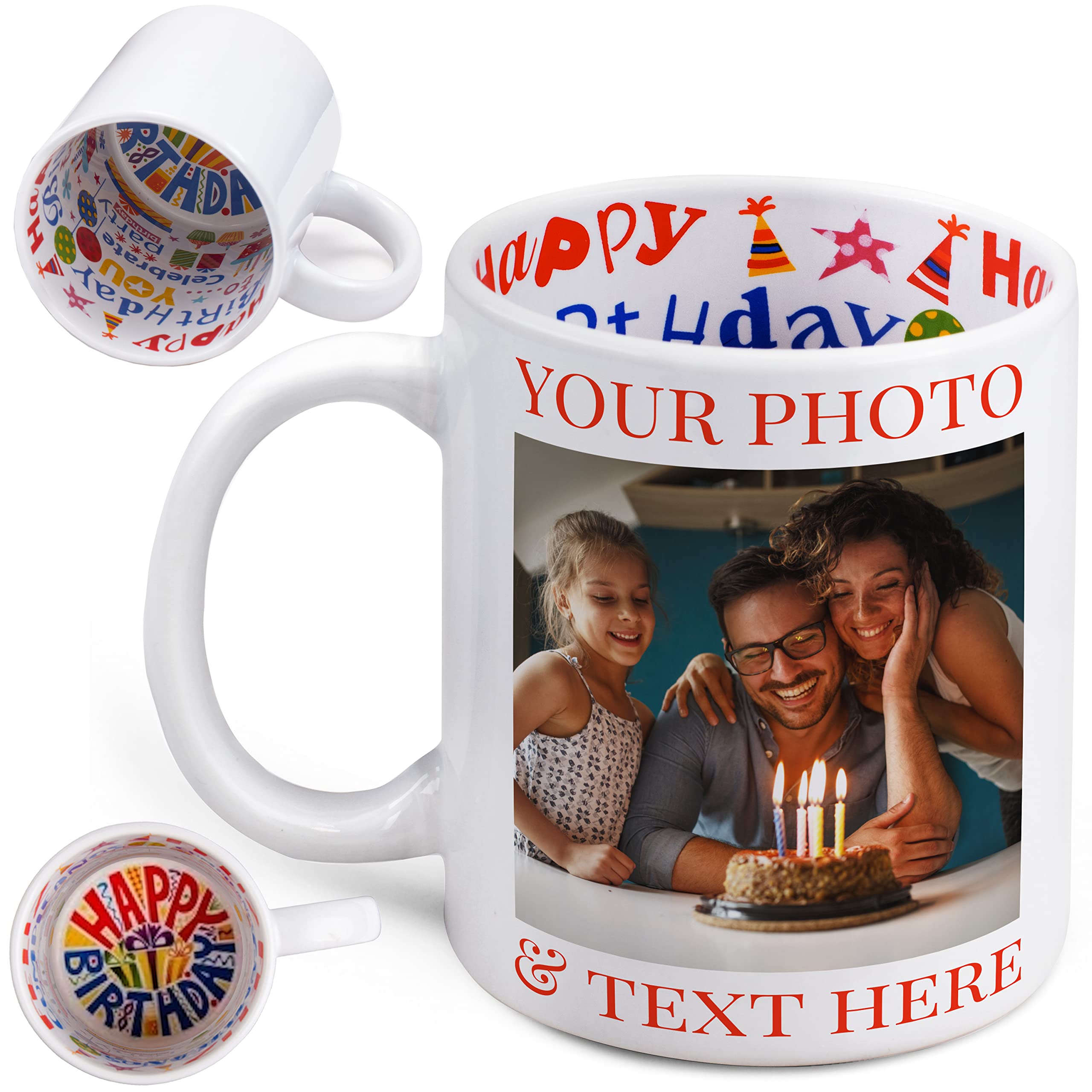 Personalized Birthday Coffee Mug with Photo & Custom Text - Double-Sided Printed Ceramic Cup for Women, Men, Dad - Happy Birthday Gift Idea for Office, Home Use - Taza de Feliz Cumpleaños con Mensaje