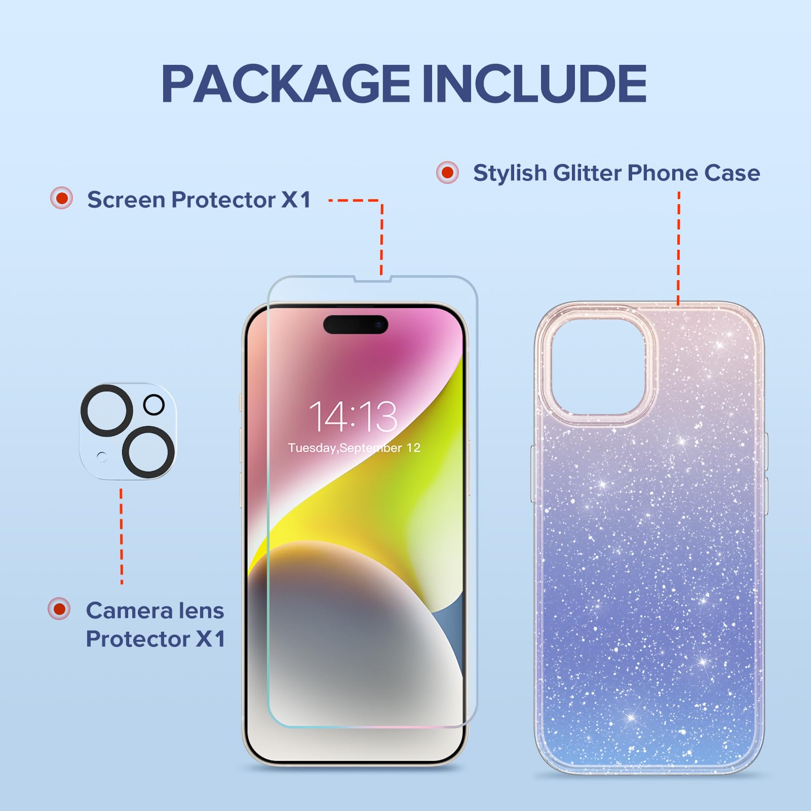 3 in 1 iPhone 15 Case with Screen Protector & Camera Lens Cover - Glitter Clear Slim Shockproof Phone Case for Women | 6.1 Inch Non-Yellowing Gradient Design | Perfect for Everyday Use, Work & Travel Protection