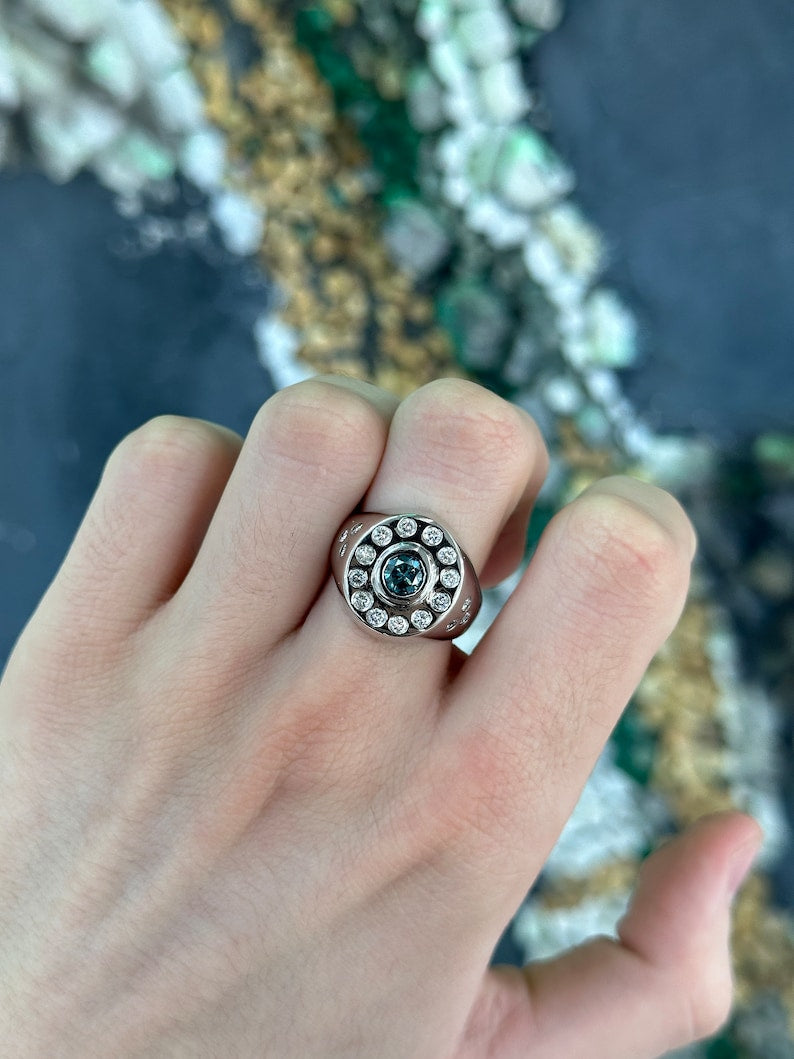 1.24tcw 14K White Gold Chunky Blue Diamond Ring - Natural Round Cut Bezel Set Unisex Statement Jewelry for Weddings, Anniversaries & Special Occasions