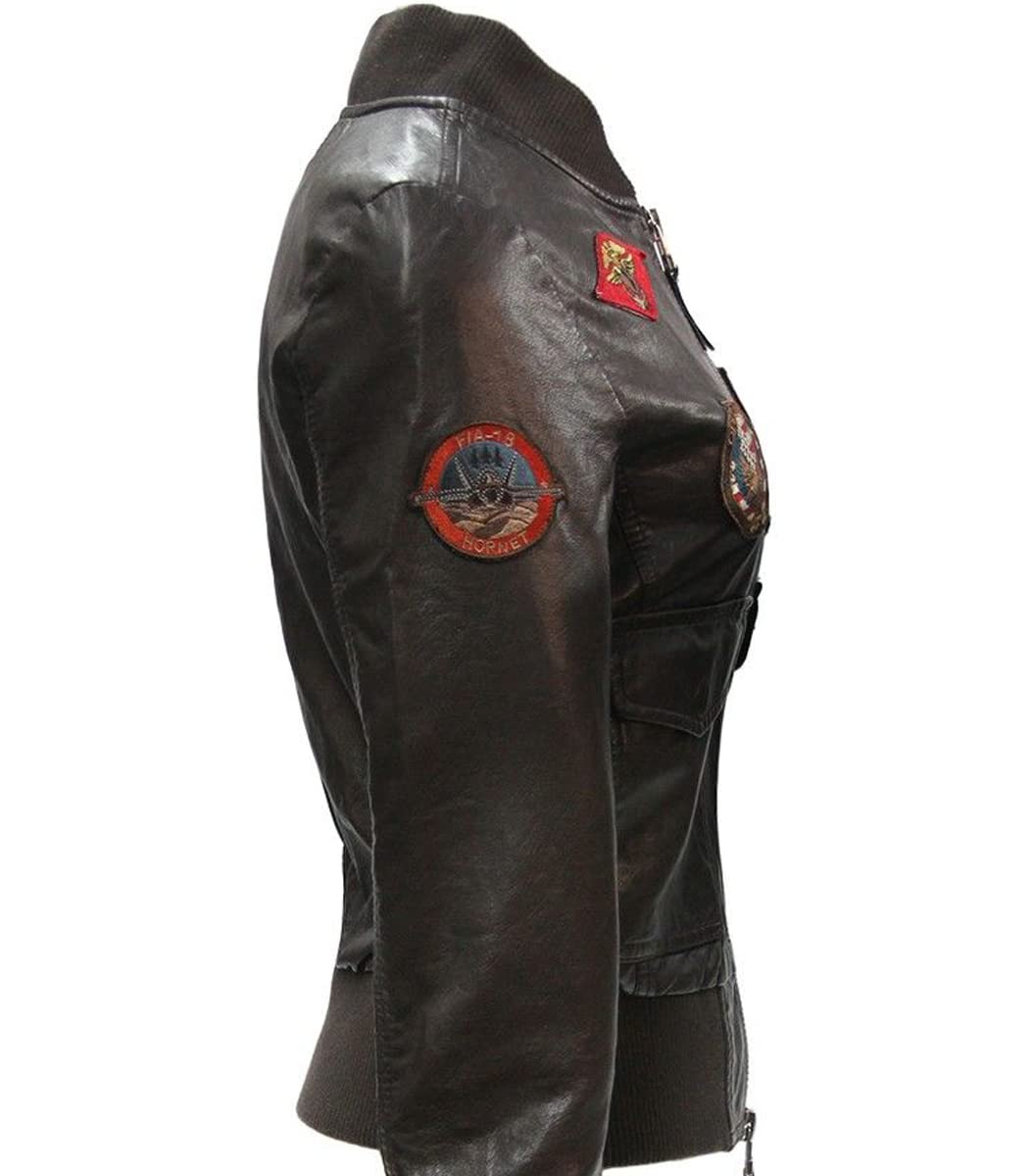 Prime-Fashion Women's Brown Aviator Bomber Jacket with Flight Patches - Genuine Leather, XX-Large - Perfect for Piloting, Motorcycle Riding & Stylish Everyday Wear