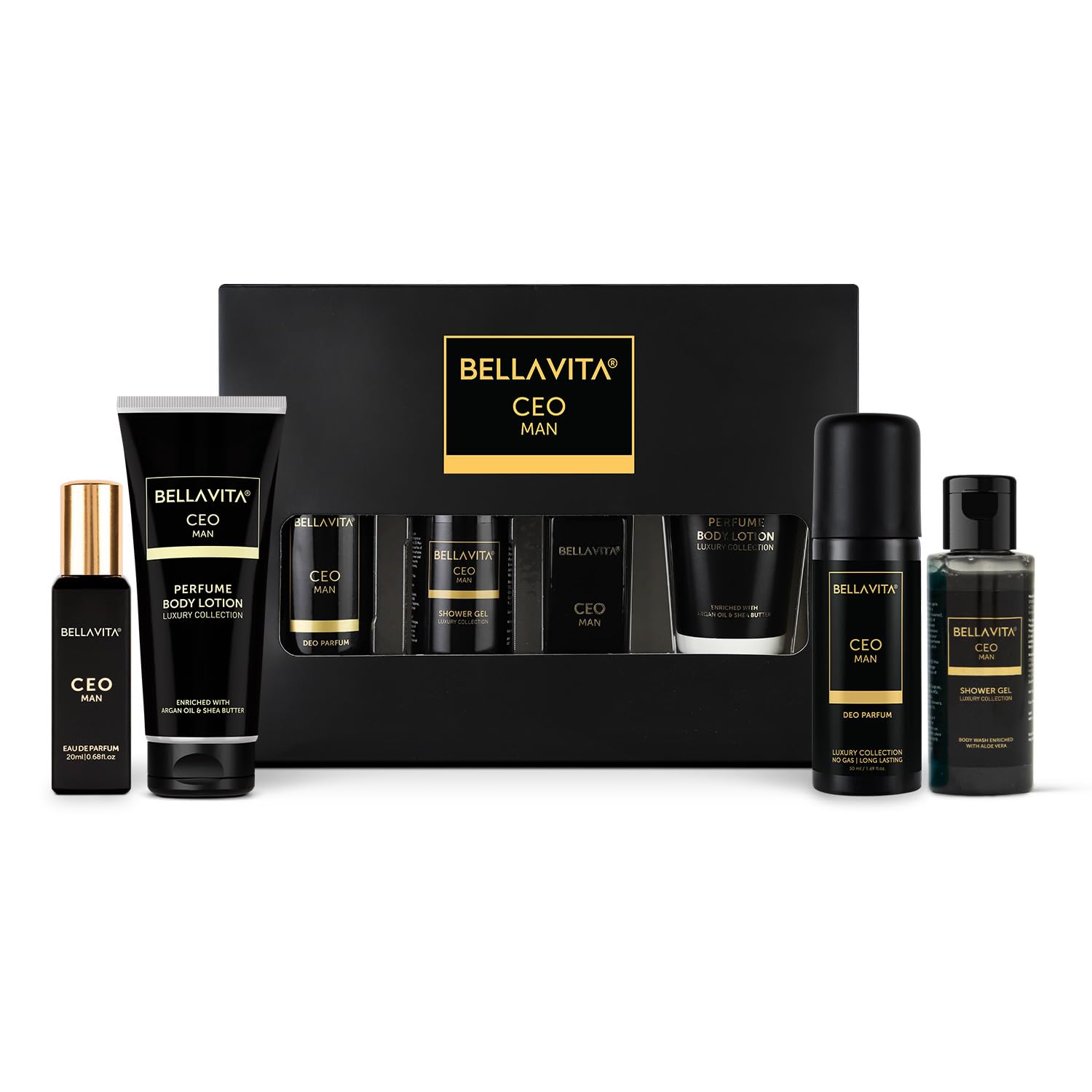 BELLAVITA CEO Man Travel Size Gift Set - Shower Gel 55ml, EDP Perfume 20ml, Deodorant Body Spray 50ml & Body Lotion 50ml - Perfect for Business Travel, Gym & Weekend Getaways