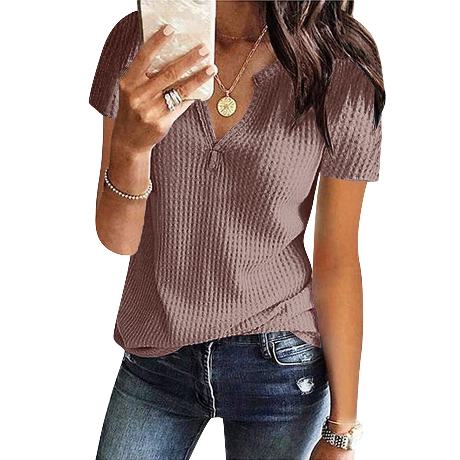 Women's Casual Waffle Knit Short Sleeve Tunic Top - V Neck Henley Button Up Loose Blouse for Summer | Perfect for Beach Outings, Weekend Brunch & Relaxing at Home