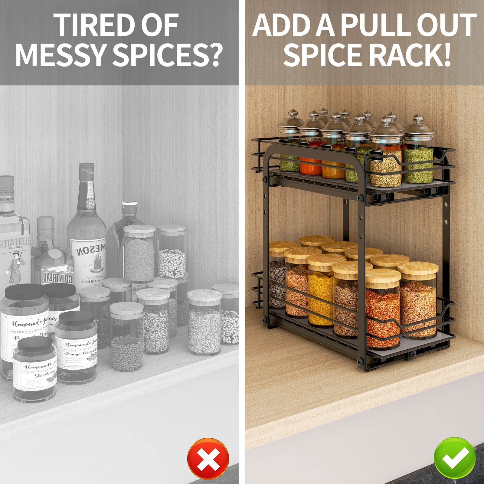 2-Tier Pull Out Spice Rack Organizer - Heavy Duty Metal Basket for Kitchen Cabinets & Pantry Closet - Space Saving Spice Storage Solution for Cooking & Baking Needs