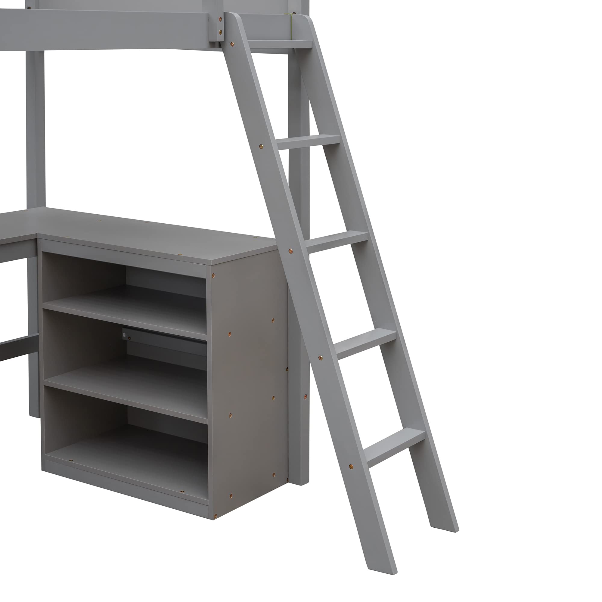 **Twin Loft Bed with Desk & Shelves - Sturdy Wood Loft Bed Frame with Storage Drawers for Kids, Teens & Adults - Space-Saving Gray Bedroom Furniture for Small Rooms, Dorms & Apartments**