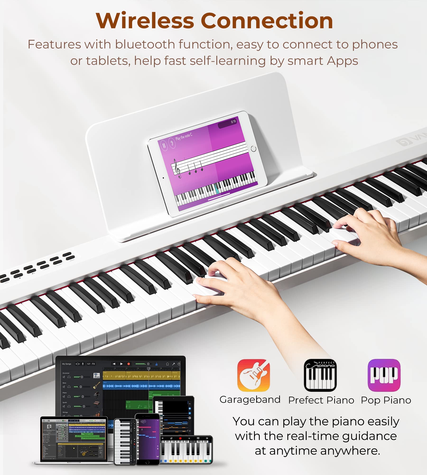 Vangoa 88-Key Digital Piano Keyboard for Beginners - Electric Piano with Touch Sensitive Keys, Sustain Pedal, Power Adapter & Carrying Bag - Includes APP Learning System - Perfect for Home Practice, Music Lessons & Studio Recording (White)