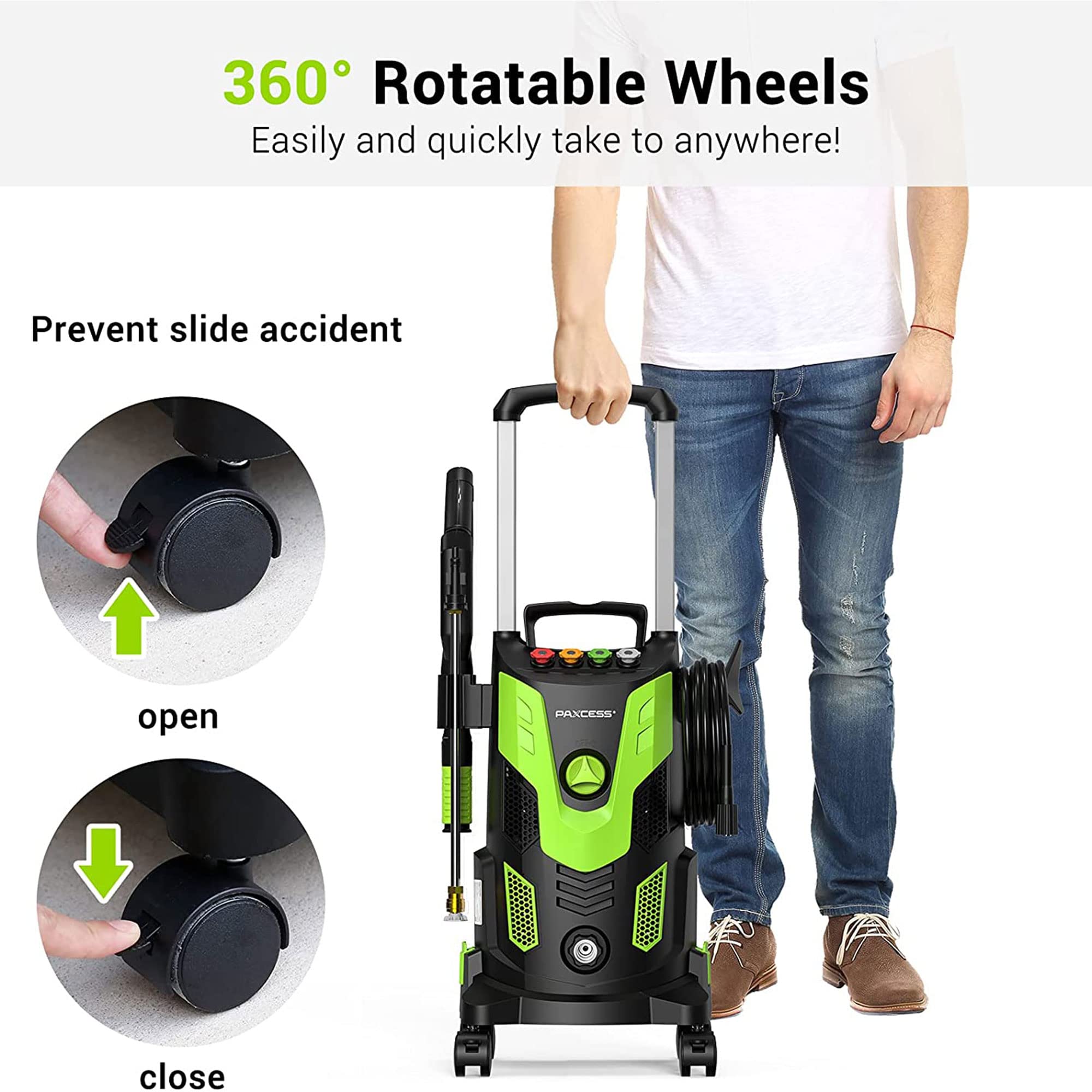 PAXCESS HWY23E 3000 PSI Electric Pressure Washer - Portable Power Cleaner with 4 Nozzles, Wheels & Accessories for Car Washing, Deck Cleaning, Patio, Driveway, Home Exterior & Outdoor Furniture Maintenance | Ideal for Residential & Commercial Use