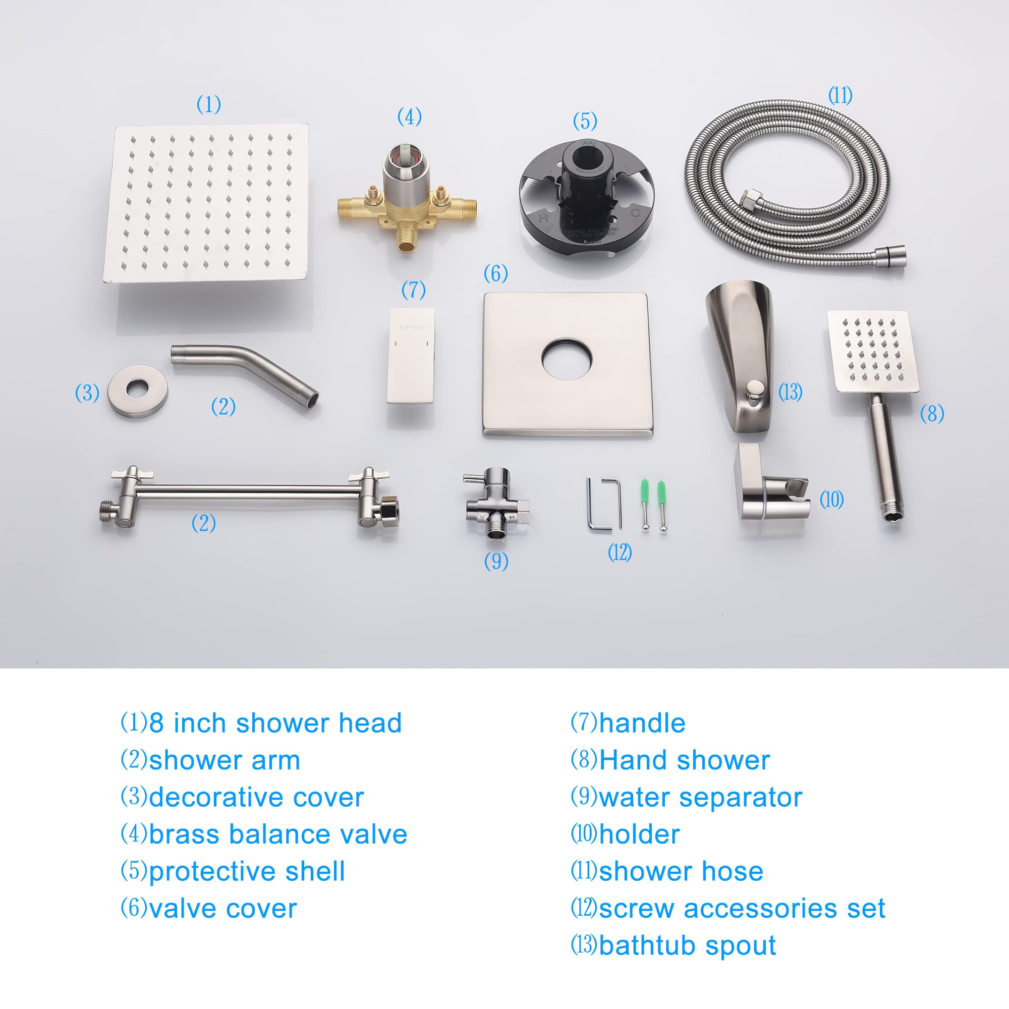 8 Inch Shower Faucet Set with Adjustable Extension Arm & Handheld Sprayer - Brushed Nickel Finish - Complete Bathroom Shower System with Pressure Balance Valve - Perfect for Modern Bathroom Renovations and Spa-Like Showers