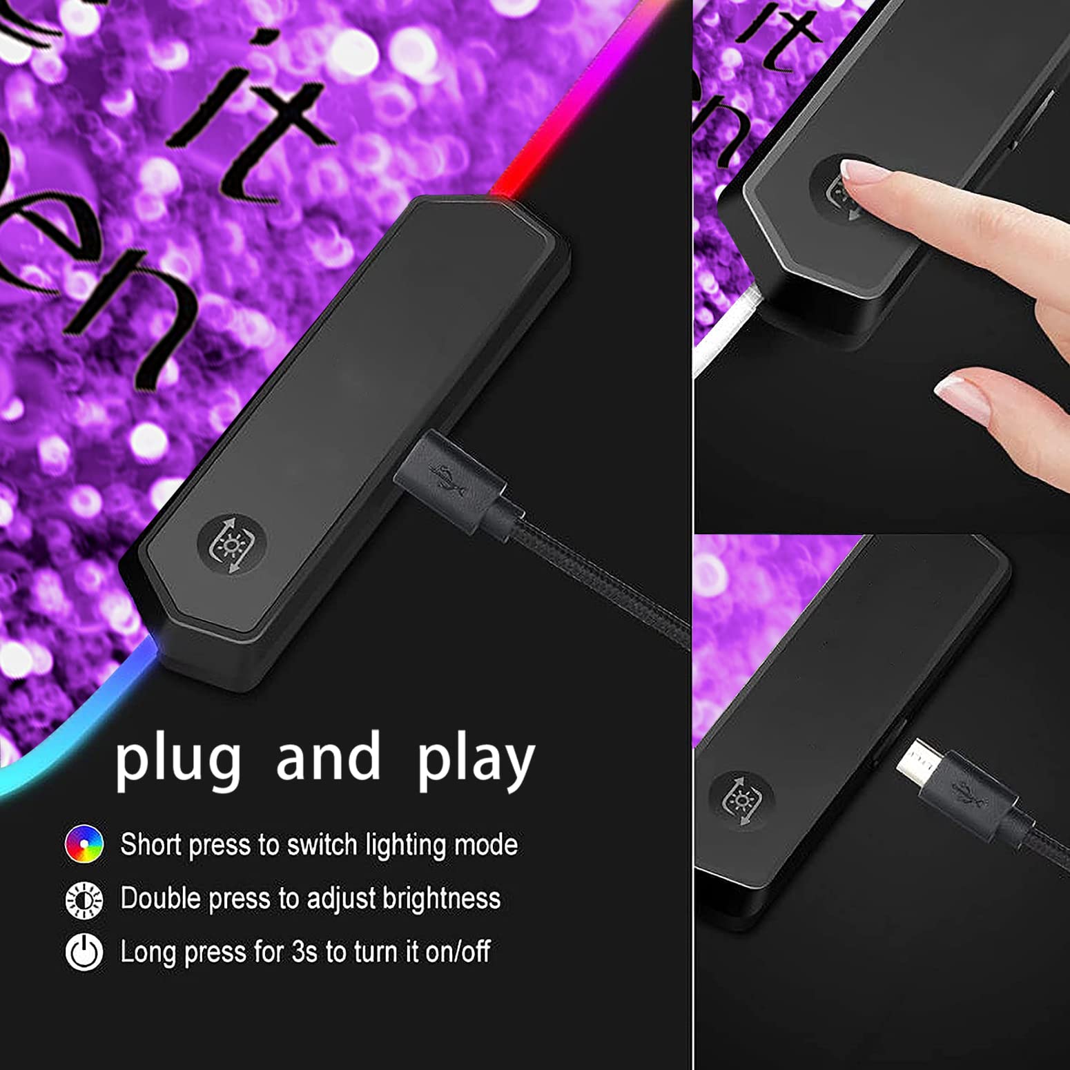 RGB Gaming Mouse Pad - Large LED Light-Up Desk Mat with Non-Slip Base, Purple Motivational Design for PC Gamers & Office Workers | Perfect for Esports, Streaming & Home Office Setup