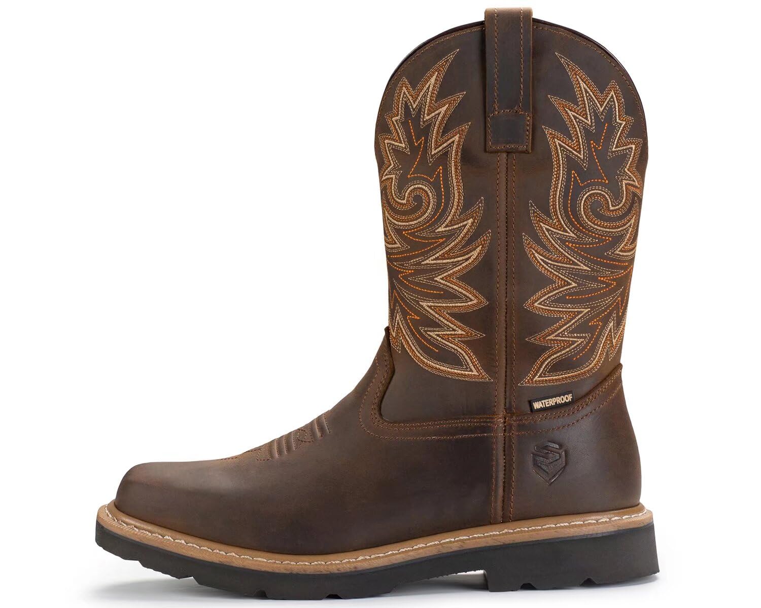 SUREWAY Men's Western Cowboy Boots - Waterproof Square Toe Work Boots, Soft Toe, Oil & Slip Resistant, Thick Leather, Rubber Sole, Comfortable Durable Work Shoes with Embroidered Design | Ideal for Ranch Work, Outdoor Activities & Country Style Fashion
