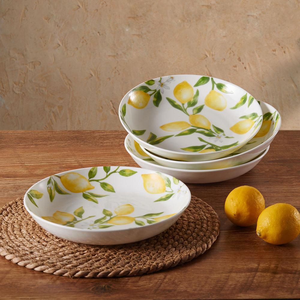 Premium Lemons Pasta Bowls - Set of 4 Ceramic Dinnerware, 34oz Large Serving Bowls for Pasta, Salad, Soup & Dessert | Durable & Microwave Safe | Perfect for Italian Meals, Family Dinners & Restaurant Use