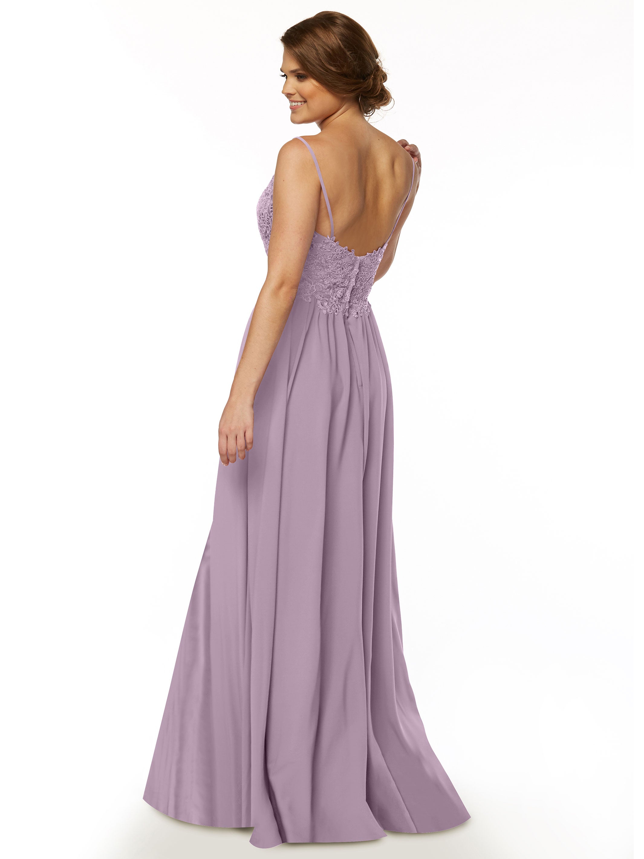 Elegant A-Line Stretch Chiffon Bridesmaid Dress with Lace Bodice & High Slit - Perfect for Weddings, Proms & Formal Events