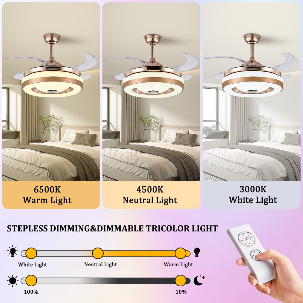 42 Inch Smart Retractable Ceiling Fan with LED Light & Remote Control - Modern Low Profile Hidden Chandelier Fan for Bedroom, Dining & Living Room - Ultra Quiet, Multi-Speed, Dimmable Lighting for Year-Round Comfort