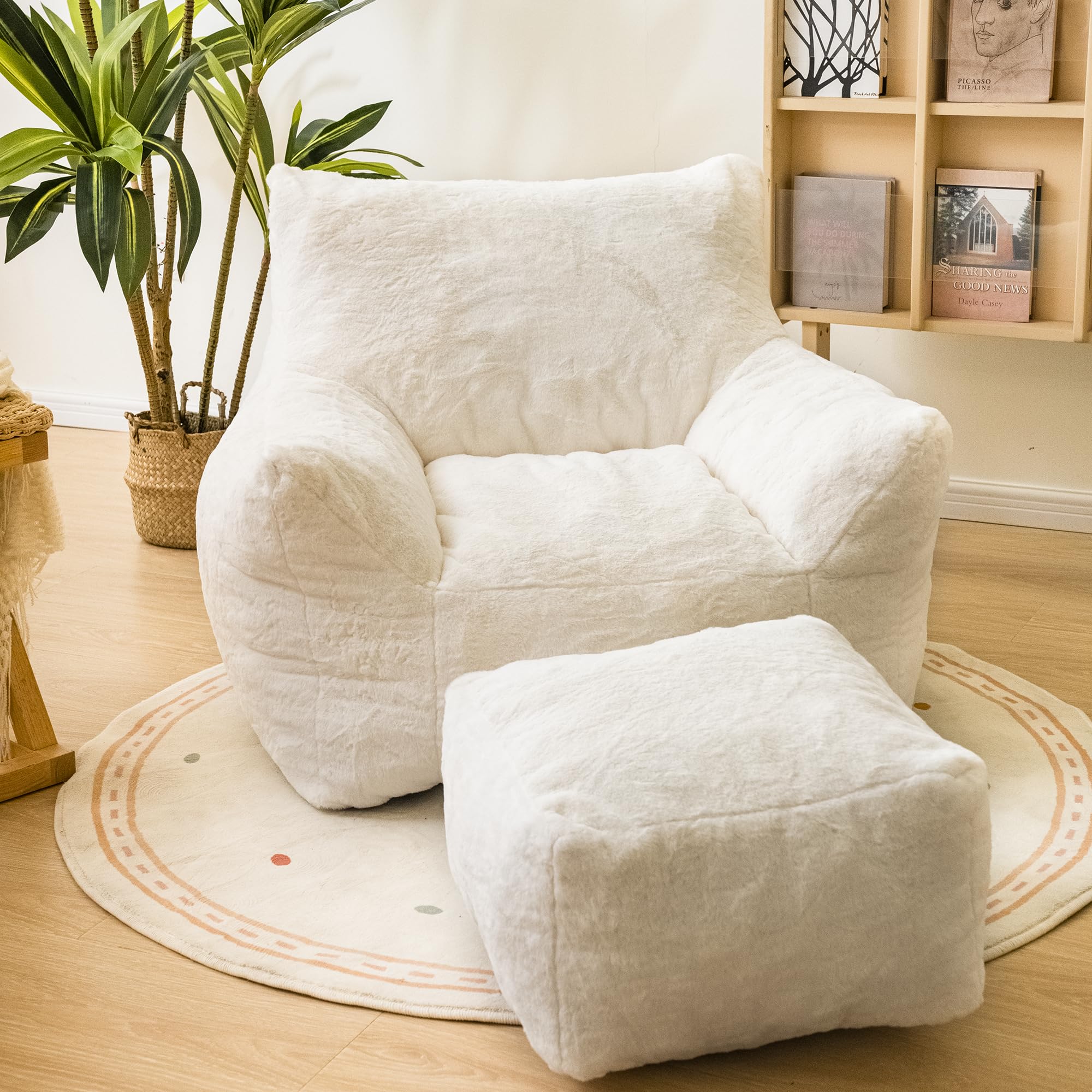 Ultra Soft Fluffy Faux Fur Bean Bag Chair with Ottoman & Armrest - Plush Lazy Sofa with Foot Stool for Living Room, Dorm, Bedroom & Game Room - Comfortable Seating for Relaxing, Reading & Gaming