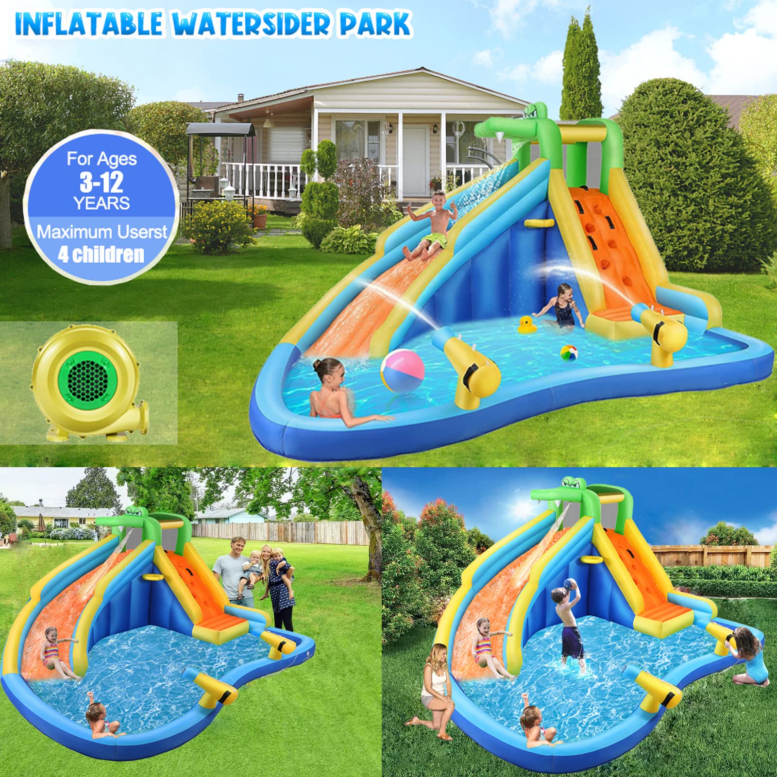 **AKEYDIY Inflatable Water Slide Park with Splash Pool, Water Gun, Ball Shooting & Climbing Wall - Kids Bounce House for Backyard, Summer Parties & Outdoor Fun**    *(Perfect for Birthdays, Family Gatherings, and Summer Water Play!)*