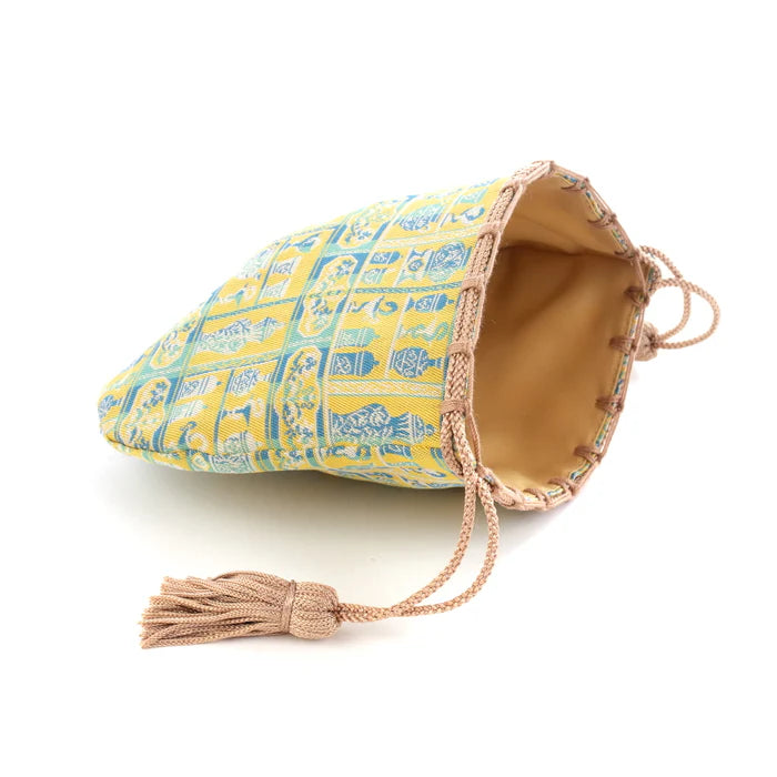 Handmade Kyoto Nishijin Silk Drawstring Pouch - Snake & Yellow Japanese Traditional Craft Purse | Gift, Coin Pouch, Festival Accessory