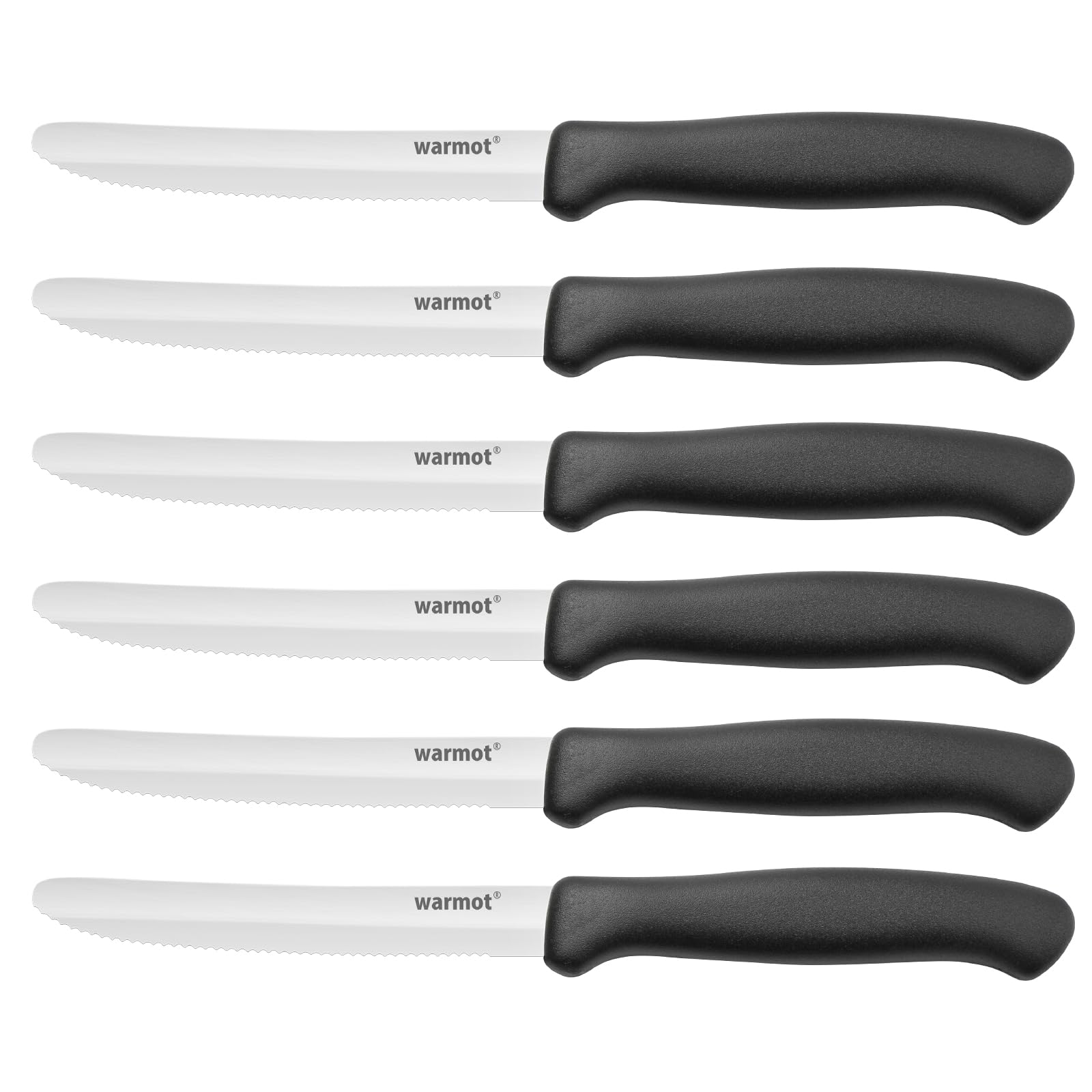 Warmot® 6-Piece Steak Knife Set - High Carbon Stainless Steel Serrated Blades with Black Handles - Perfect for Steak Dinners, BBQ Parties & Fine Dining Experience