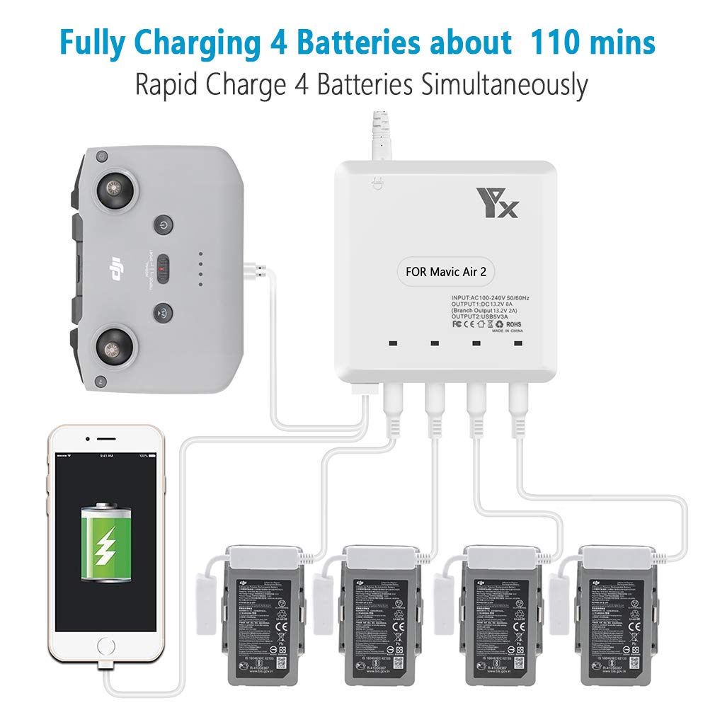 DJI Mavic Air 2 / Air 2S Intelligent Battery Charging Hub - 4-Port Fast Charger for Multiple Batteries - Perfect for Aerial Photography and Travel Drones