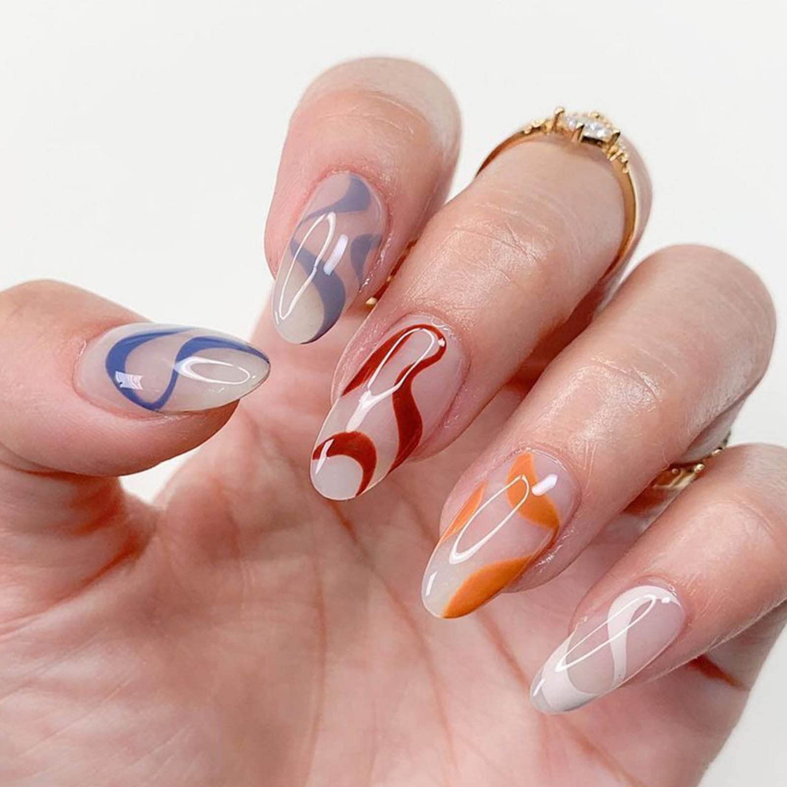 Acenail Medium Length Press on Nails - Glossy French Tip False Nails with 3D Designs | 24Pcs Clear Full Cover Artificial Acrylic Nails for Women & Girls (#8 Oval Line) | Perfect for Parties, Weddings & Everyday Wear
