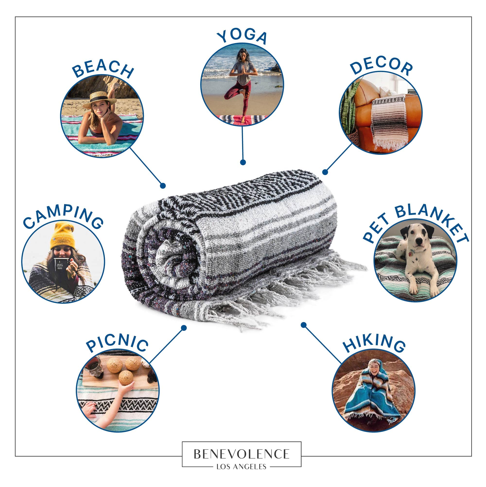 Authentic Mexican Blanket - Handwoven Yoga Blanket & Serape Throw (50x70 Inches, Gray) - Perfect for Outdoor Picnics, Beach Camping, Boho Home Decor & Cozy Living Room Accent