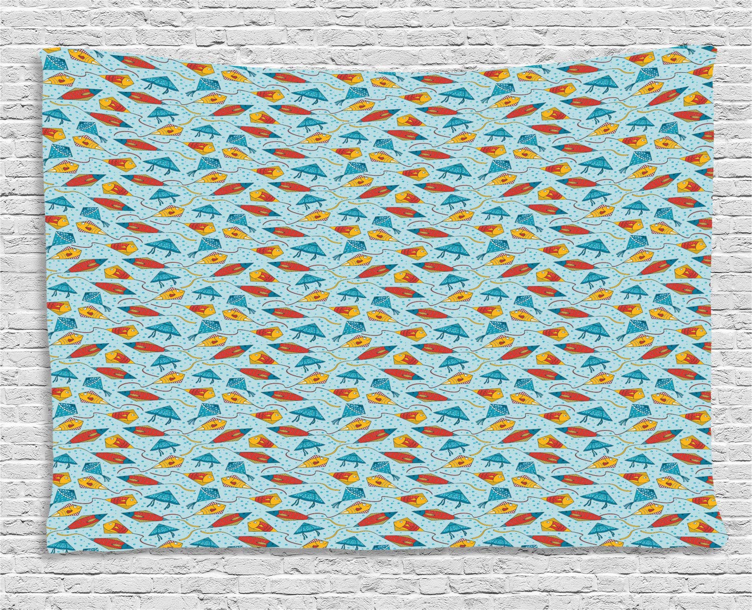 Ambesonne Blue Fish Tapestry - Aquatic Animal Kite Design with Bubble Background - 60