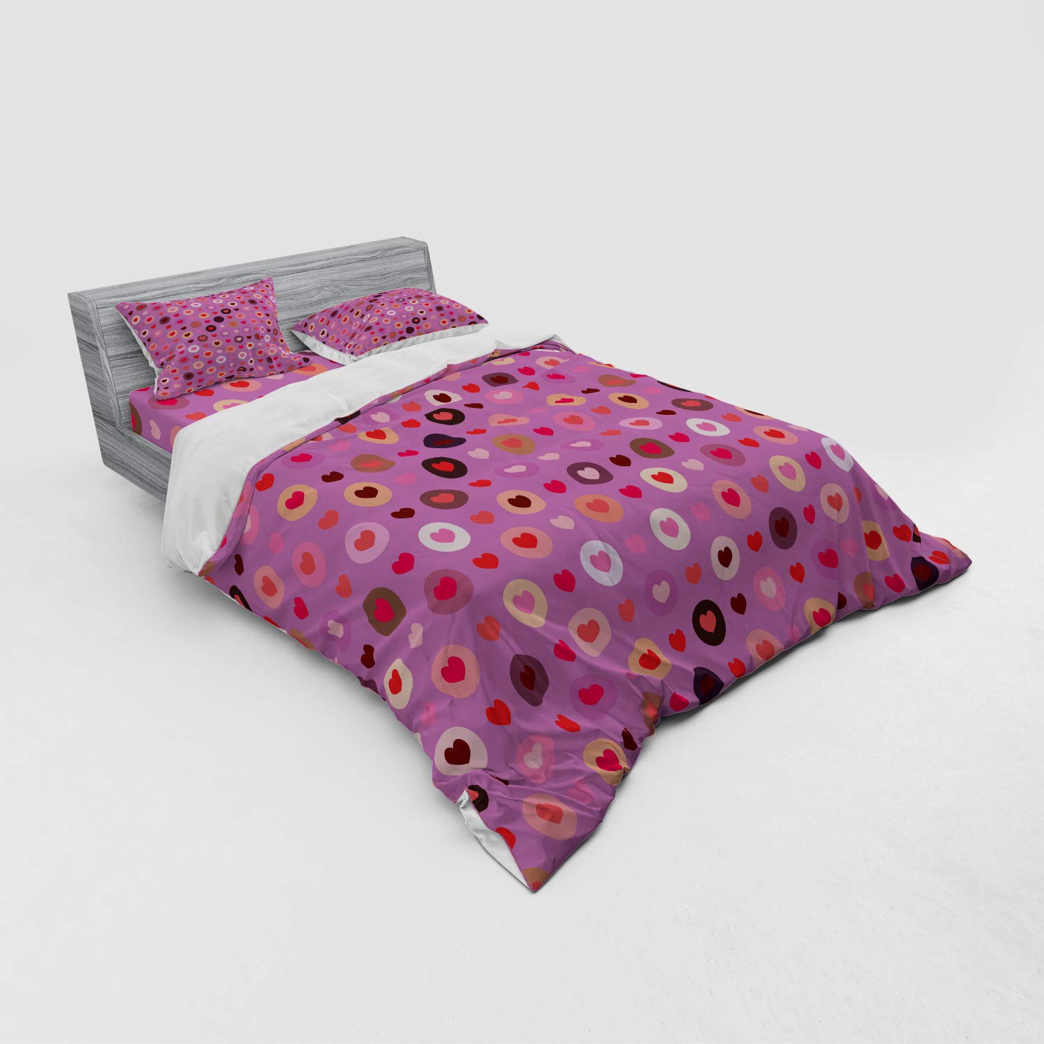 Ambesonne Abstract Duvet Cover Set - Valentine's Day Heart Design with Circular Patterns, 4-Piece Queen Size Bedding Set Includes Shams & Fitted Sheet in Fuchsia Red Salmon | Romantic Bedroom Decor for Couples, Anniversary Gift Idea