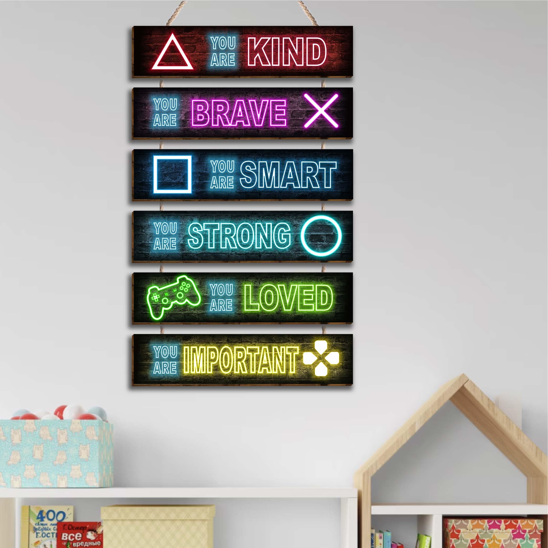 6-Piece Neon Gaming Wall Art Set - Inspirational Positive Quote Signs for Boys & Girls Room Decor, Teens Bedroom, Toddler Princess Nursery - Perfect for Gaming Room, Kids Bedroom & Dormitory Wall Decor
