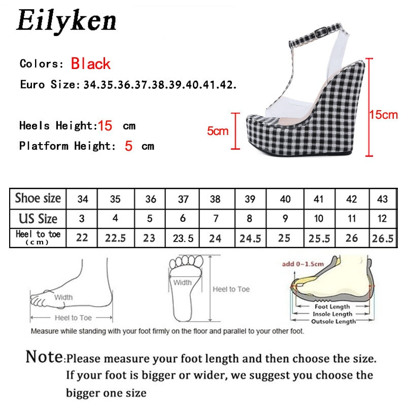 Eilyken Women's Fashion Gingham Wedge Sandals with Ankle Strap - Thick Bottoms, PVC Transparent High Heels for Summer, Beach & Casual Outfits