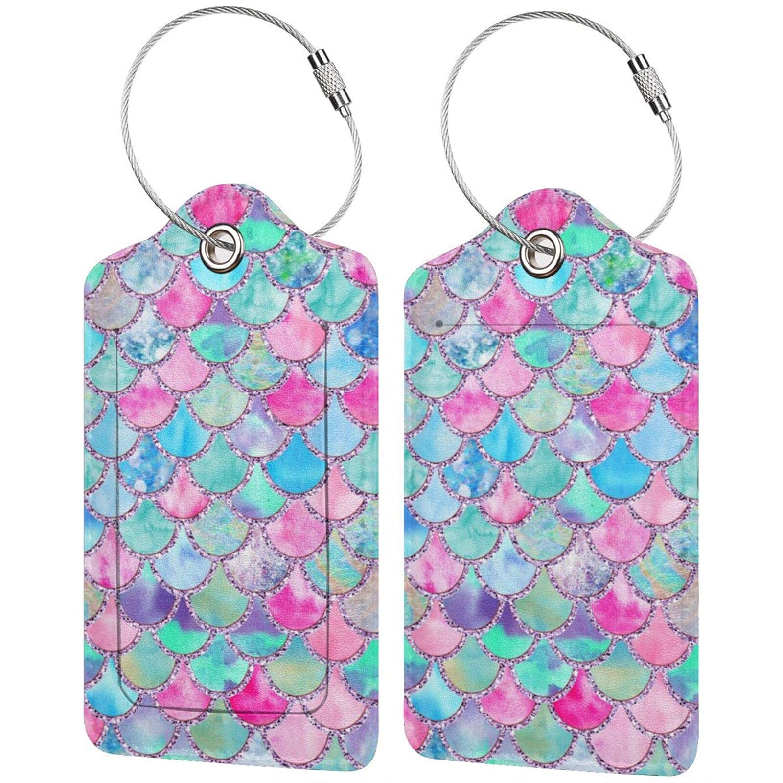 2 Pack Sequin Mermaid Scale Luggage Tags with Privacy Cover - Stainless Steel Loop ID Labels for Suitcases, Bags & Backpacks (Women, Men, Kids) - Perfect for Travel, Vacation & School Backpack Identification