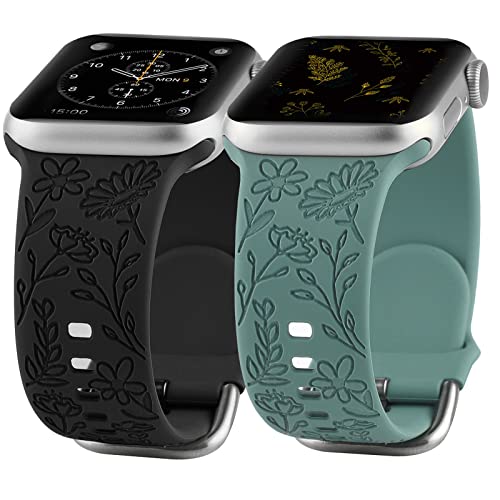 Floral Engraved Sport Strap for Apple Watch 38mm 40mm 41mm 42mm 44mm 45mm - Soft Silicone Replacement Band Compatible with iWatch Series 8/7/6/5/4/3/2/1/SE - Women's Fashion Flower Design for Workout, Running & Everyday Wear