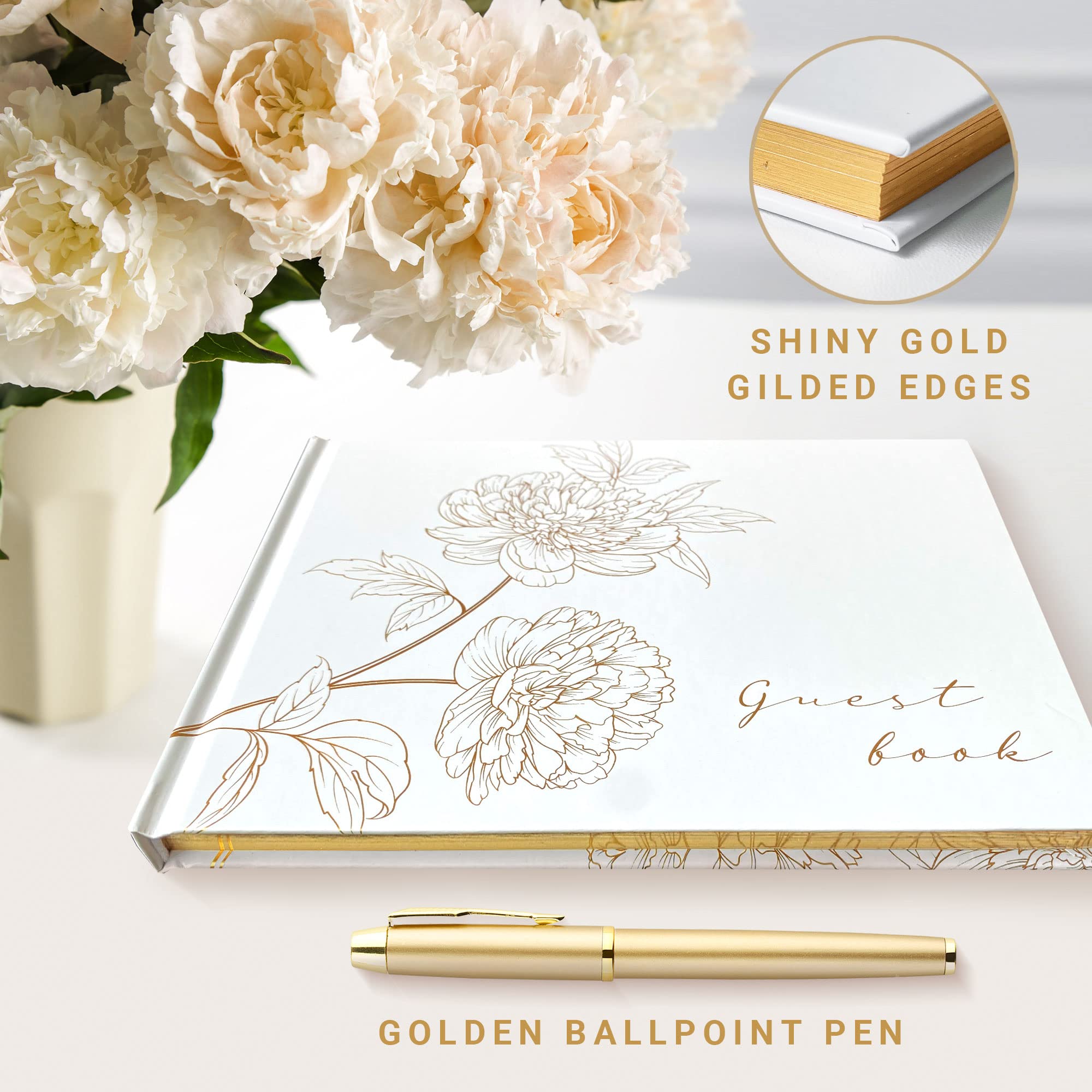 Elegant Gold Stamped Floral Wedding Guest Book with Pen - Perfect for Wedding Reception, Bridal Shower & Anniversary Celebrations