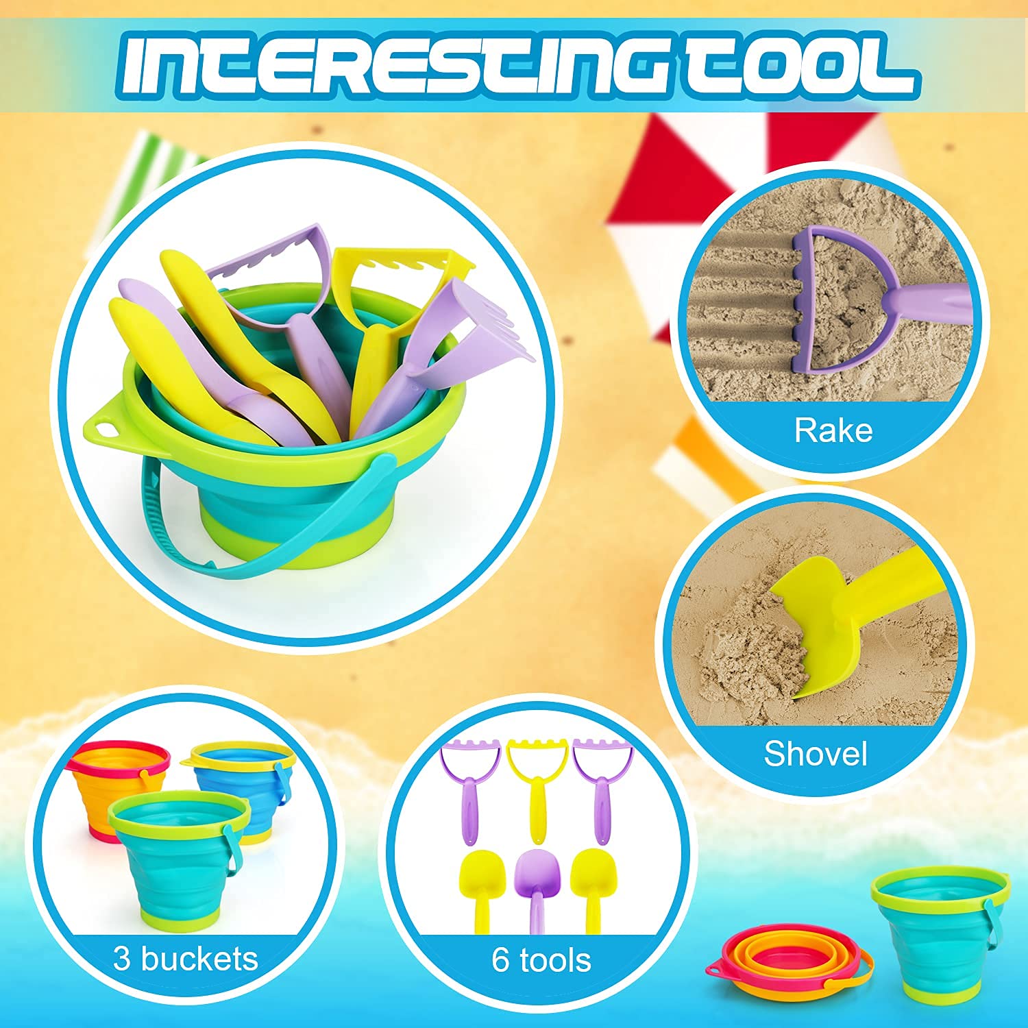 TOY Life Collapsible Beach Sand Toys for Kids - Foldable Sand Bucket, Shovel & Rake Set for Toddlers | Portable Travel Sandbox Toys | Perfect for Beach, Backyard & Outdoor Play